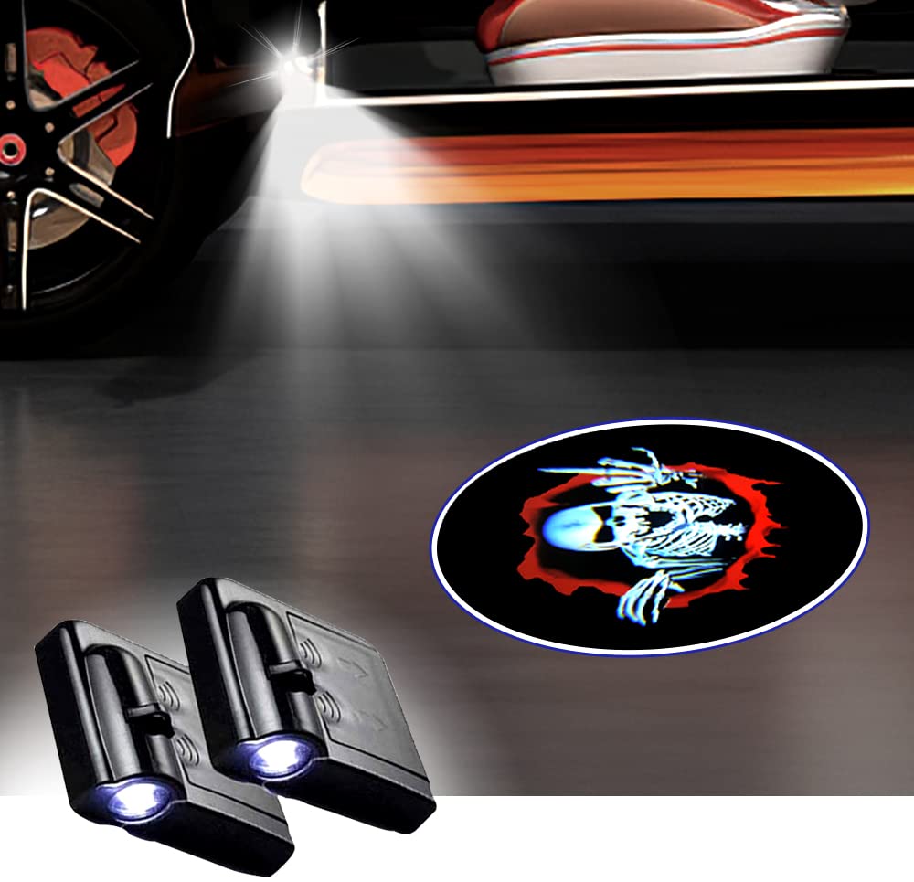 FUNGORGT 2 PCS Car Door Lights Logo Projector Skull Skeleton Universal Wireless Car Door Led Projector Lights Car Door Welcome L