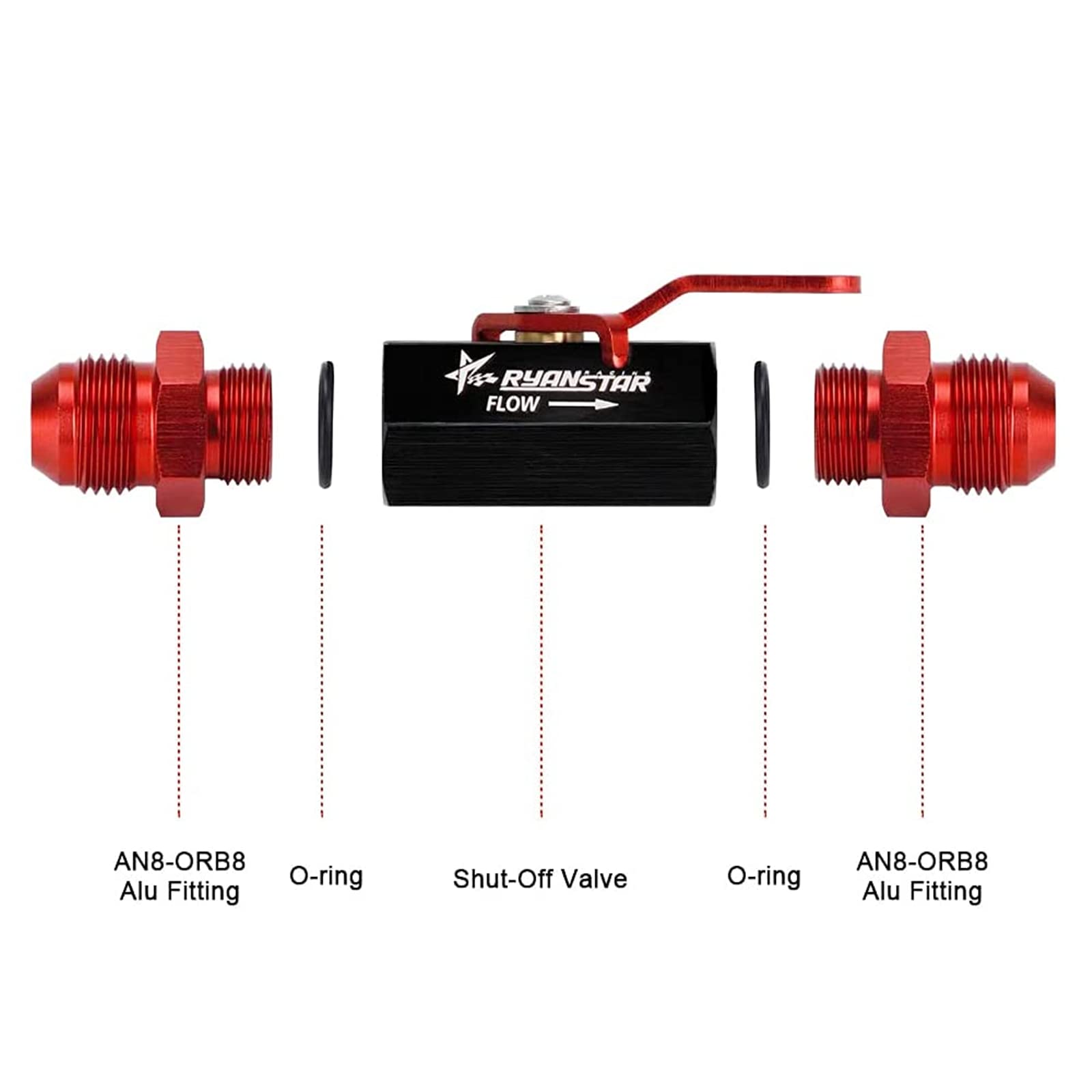 RYANSTAR AN8 Fuel Shut Off Valve 8AN to 8AN Male Fitting Aluminum Anodized (Black&Red)