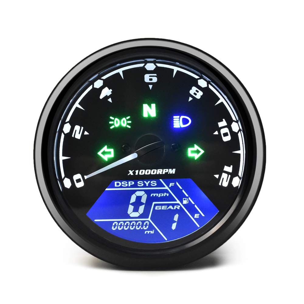 Dkmotork 0011 Digital Gauge Motorcycle Speedometer/Tachometer/Odometer Mph Km/H Universal With Multi-Function Indicator Light Display Black