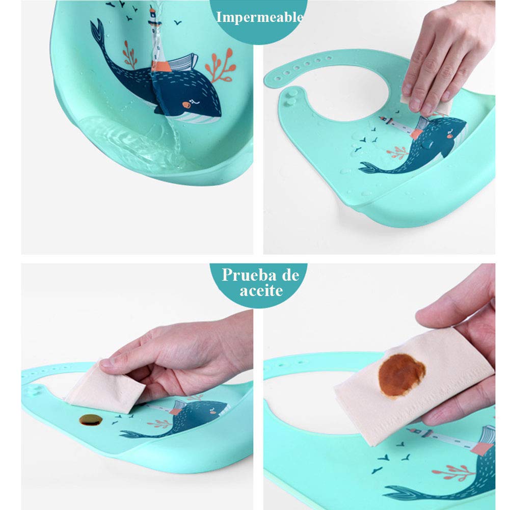 YINGJEE Silicone Baby Bibs 3pcs - Adjustable Waterproof Feeding Bibs with Food Crumb Catcher Pocket, One Size, Color 02