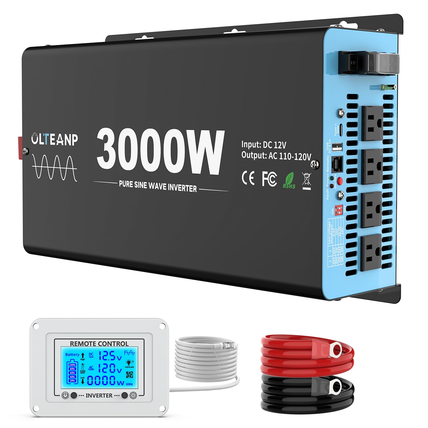 OLTEANP New Upgraded 3000 Watts Pure Sine Wave Inverter, 12V DC to 110V AC Power Inverter with 4 AC Outlets, USB Port, Type-C Po