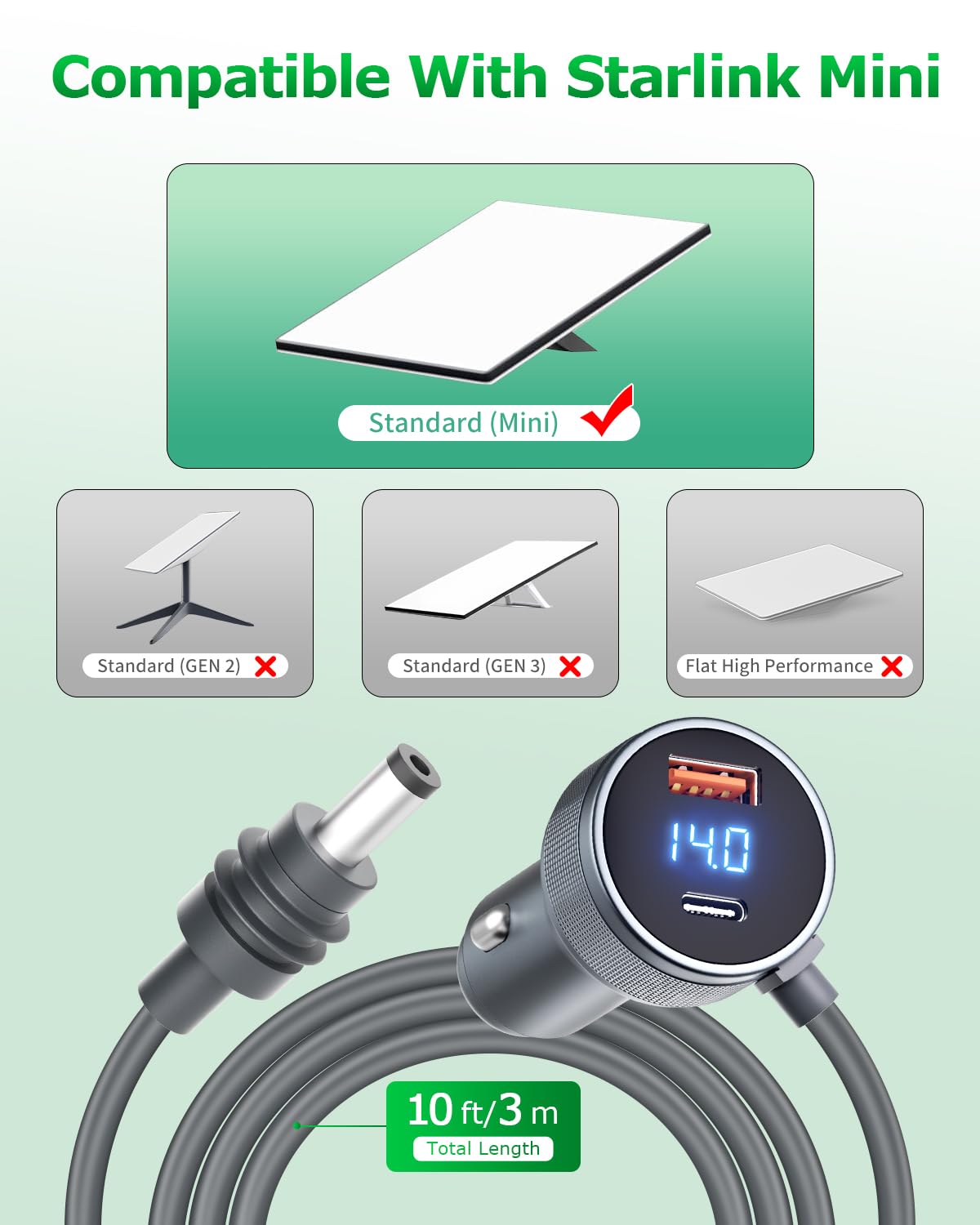 Starlink Mini DC Power Cable Cigarette Lighter with Digital Display USB/Type C Socket 10FT Starlink Mini Cable 12V-24V DC Car Po