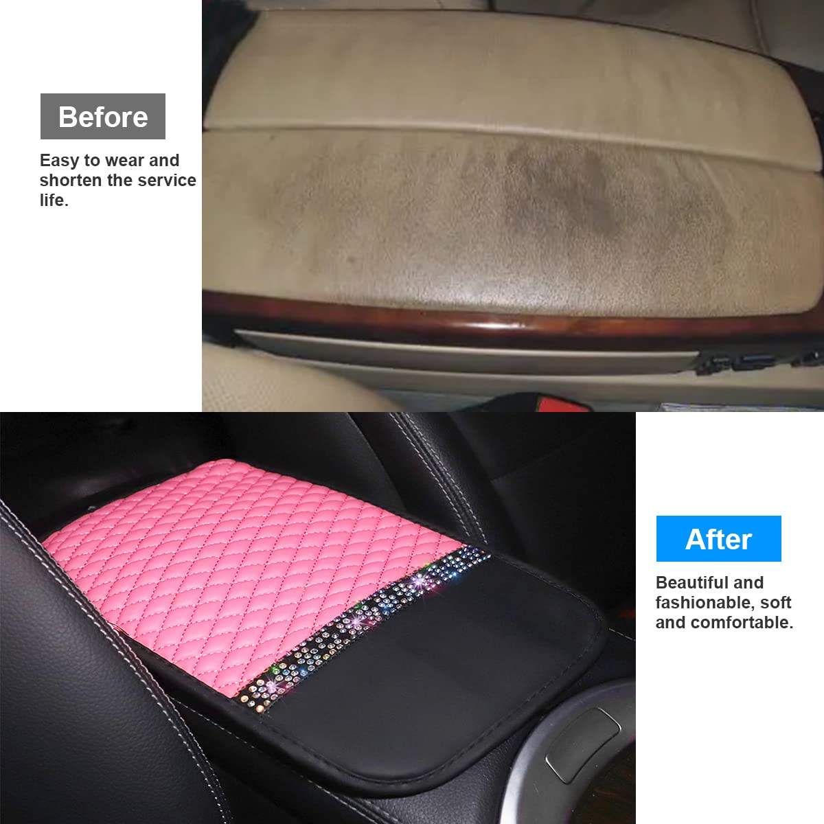 Bling Leather Car Center Console Cover, Car Center Console Protector With Glossy Crystal Rhinestone, Universal Waterproof Car Armrest Seat Box Cover For Most Car, Vehicles, Suvs, Trucks (Pink)