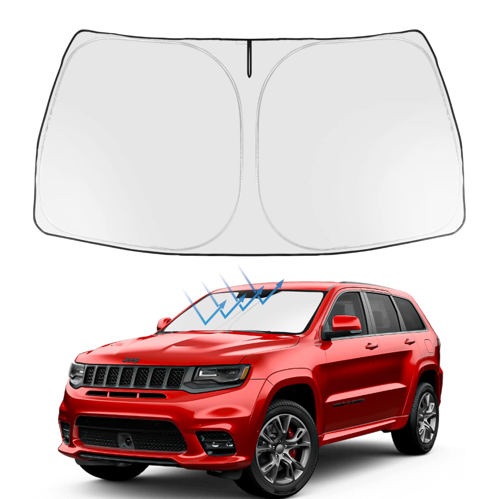 Front Windshield Sun Shade Foldable Sunshade Protector Custom Fit 2014-2023 2024 2025 Jeep Grand Cherokee Suv, Laredo Limited Trailhawk Overland Altitude Summit Accessories 2025 Upgrade