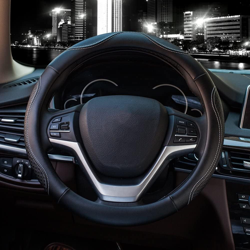 Valleycomfy Leather Steering Wheel Covers Universal 15 inch -Breathable, Anti Slip & Odor Free (Black with White Lines,M(14' 1/2-15' 1/4))