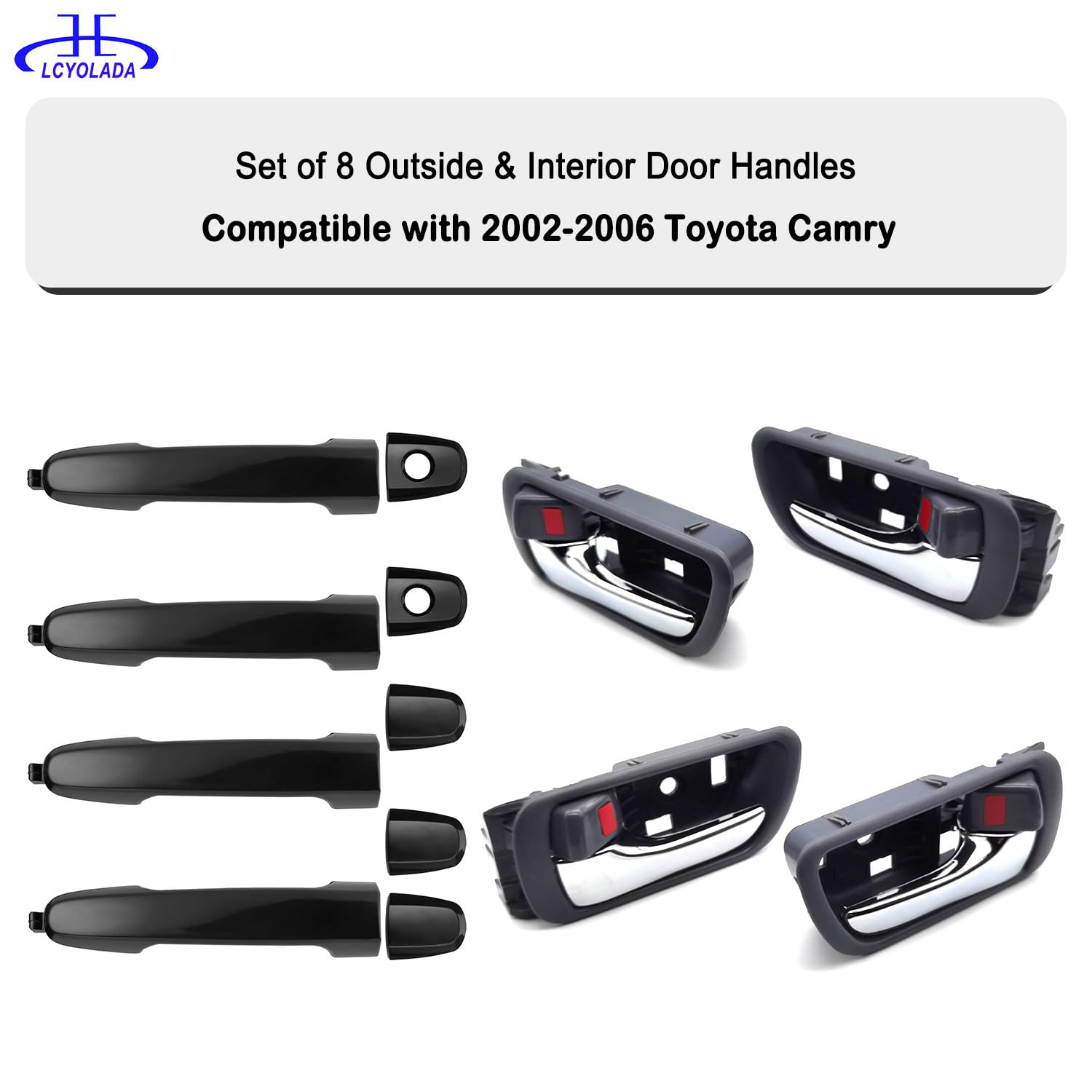 Set Of 8 Exterior & Interior Door Handles Toyota Camry 2002 2003 2004 2005 2006, Replaces 6920533040,6920633040, Gray Handle Wit