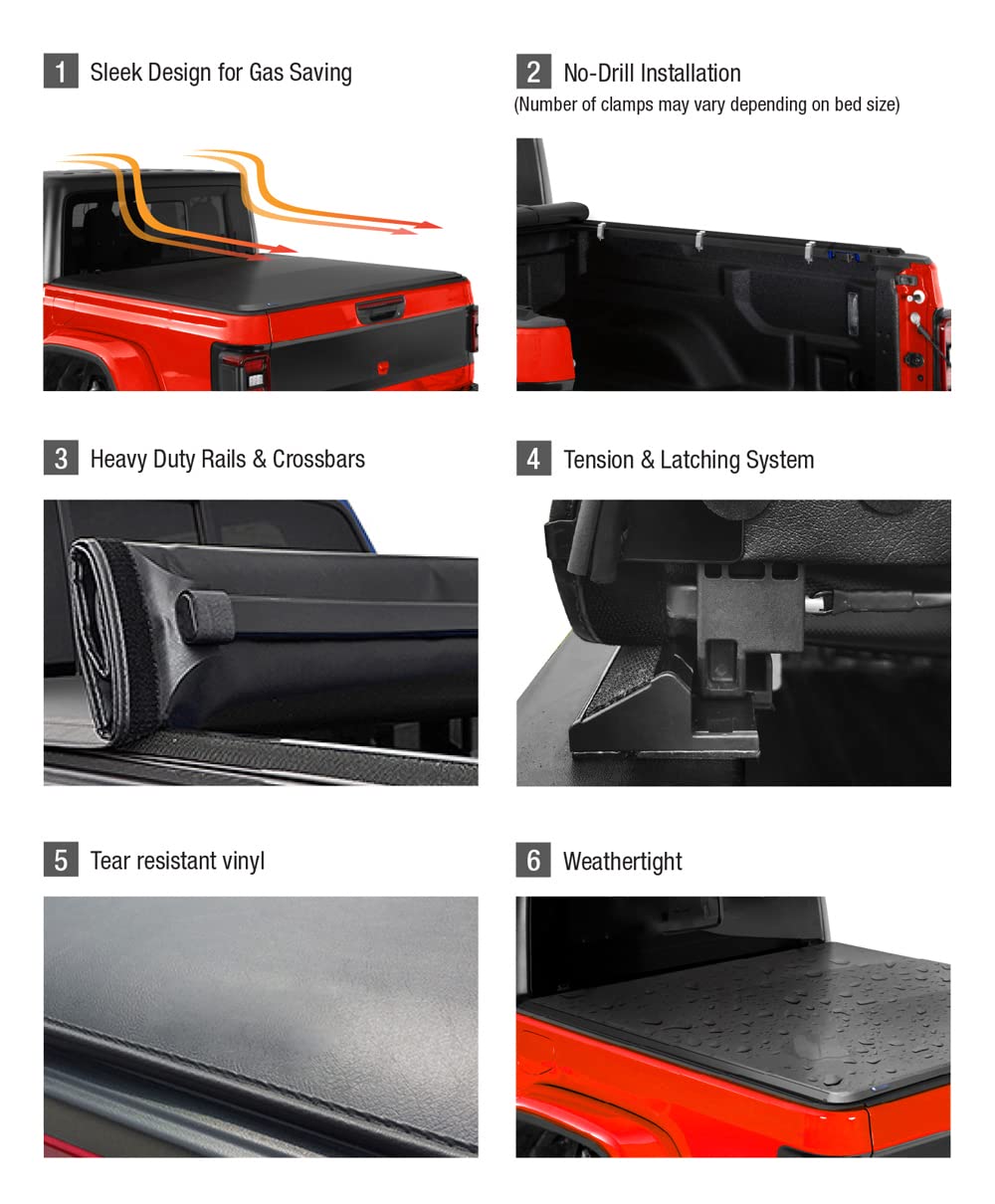 Maxmate Soft Roll-Up Truck Bed Tonneau Cover Compatible With 2020-2024 Jeep Gladiator Jt | 5' (60') Bed | Tcj169060