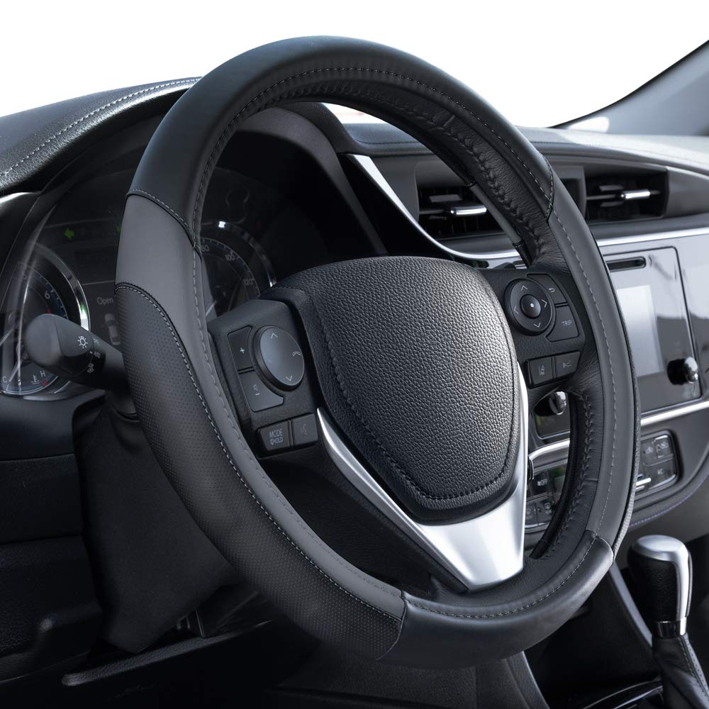 Motor Trend Sportdrive Faux Leather Steering Wheel Cover, Standard 15 Inch Size, Two-Tone Black & Dark Gray, Car Steering Wheel Cover For Truck Van Suv Auto