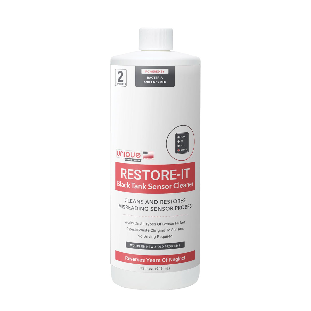 Unique Restore-It RV Black Tank Sensor Cleaner Liquid - Cleans and Restore Misreading Sensor Probes by Removing Stuck-On Waste -