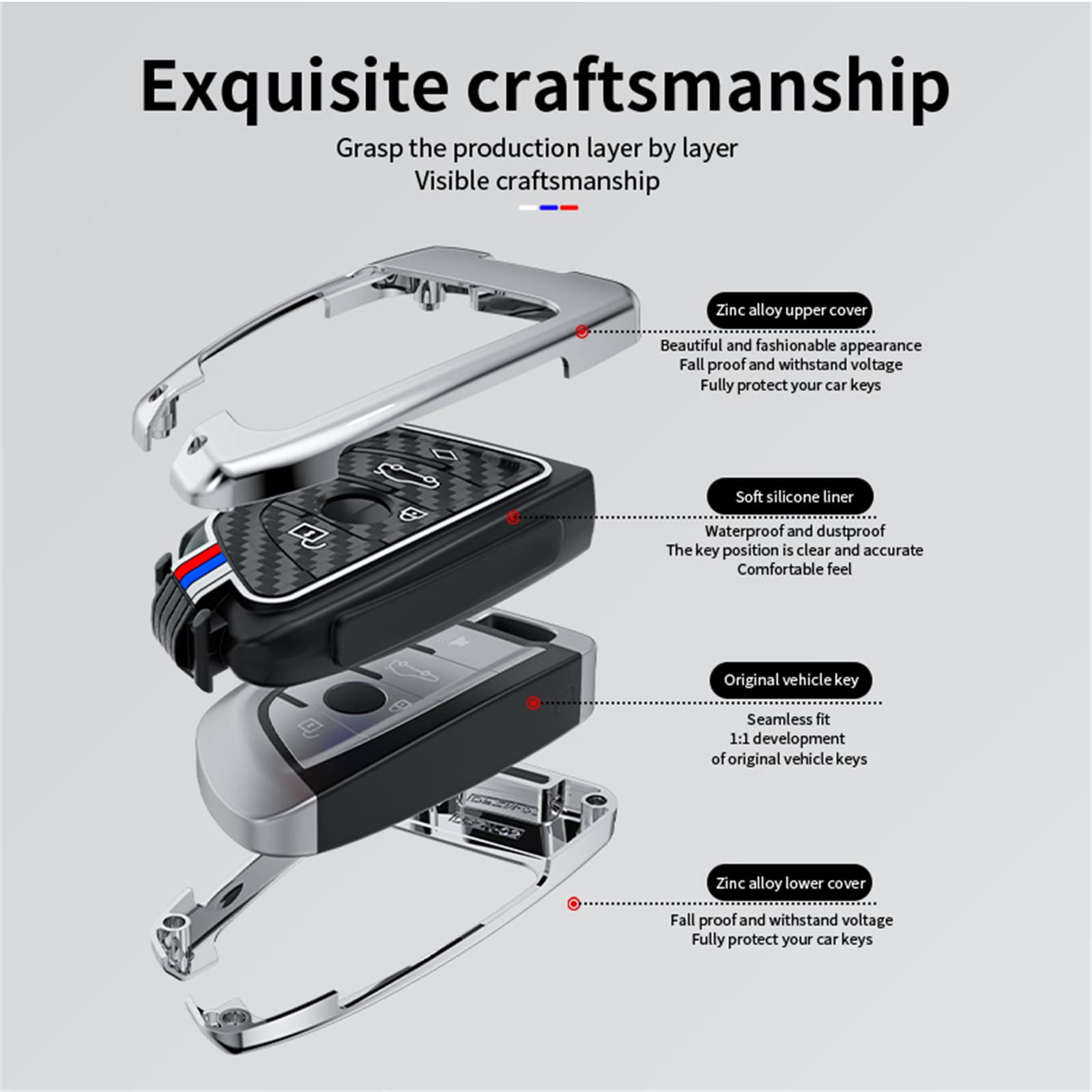 Bradegeve Carbon Fiber Key Fob Cover Case Metal Shell Cover Compatible For Bmw 5 6 7 Series X1 X2 X3 X5 X6 X7 (Silver