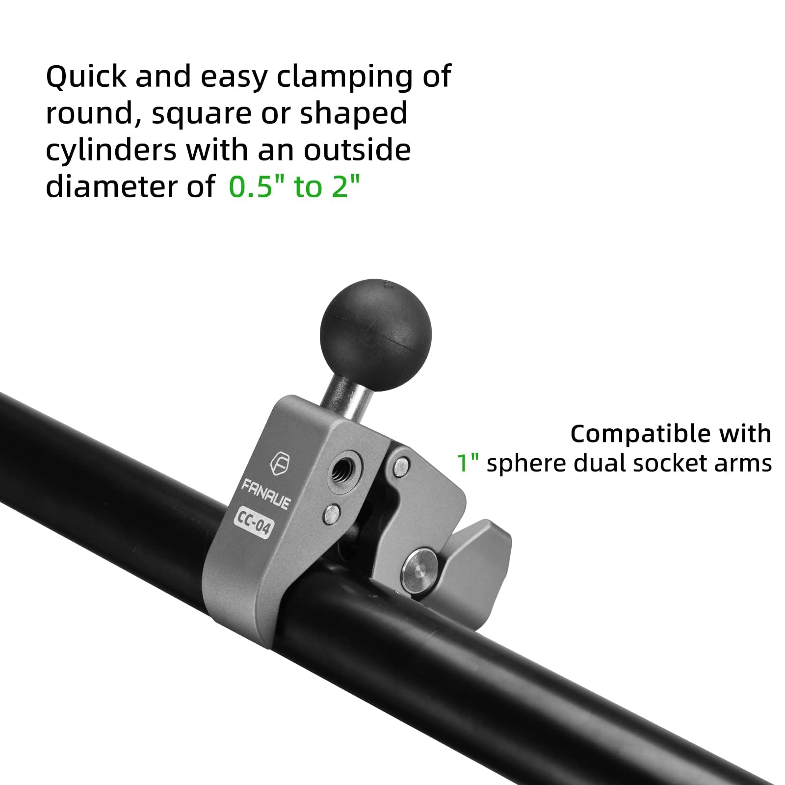 FANAUE Handlebar Base Mount Strong Rod Clamp with 1'' Ball for Rails 0.5'' to 2.0'' in Diameter, Compatible with RAM Mounts B Si