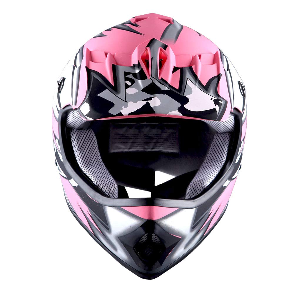 1Storm Youth Motocross Helmet Bmx Mx Atv Dirt Bike Helmet Matt Star Pink + Goggles + Mg Youth Pink Glove Bundle