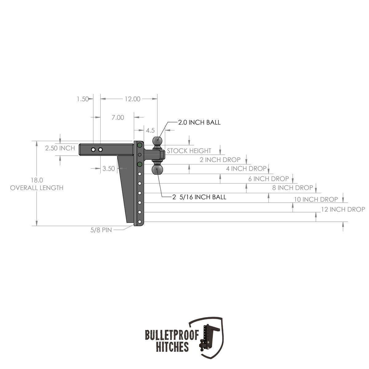 Bulletproof Hitches 2.5'' Adjustable Heavy Duty (22,000Lb Rating) 12'' Drop/Rise Trailer Hitch With 2'' And 2 5/16'' Dual Ball (