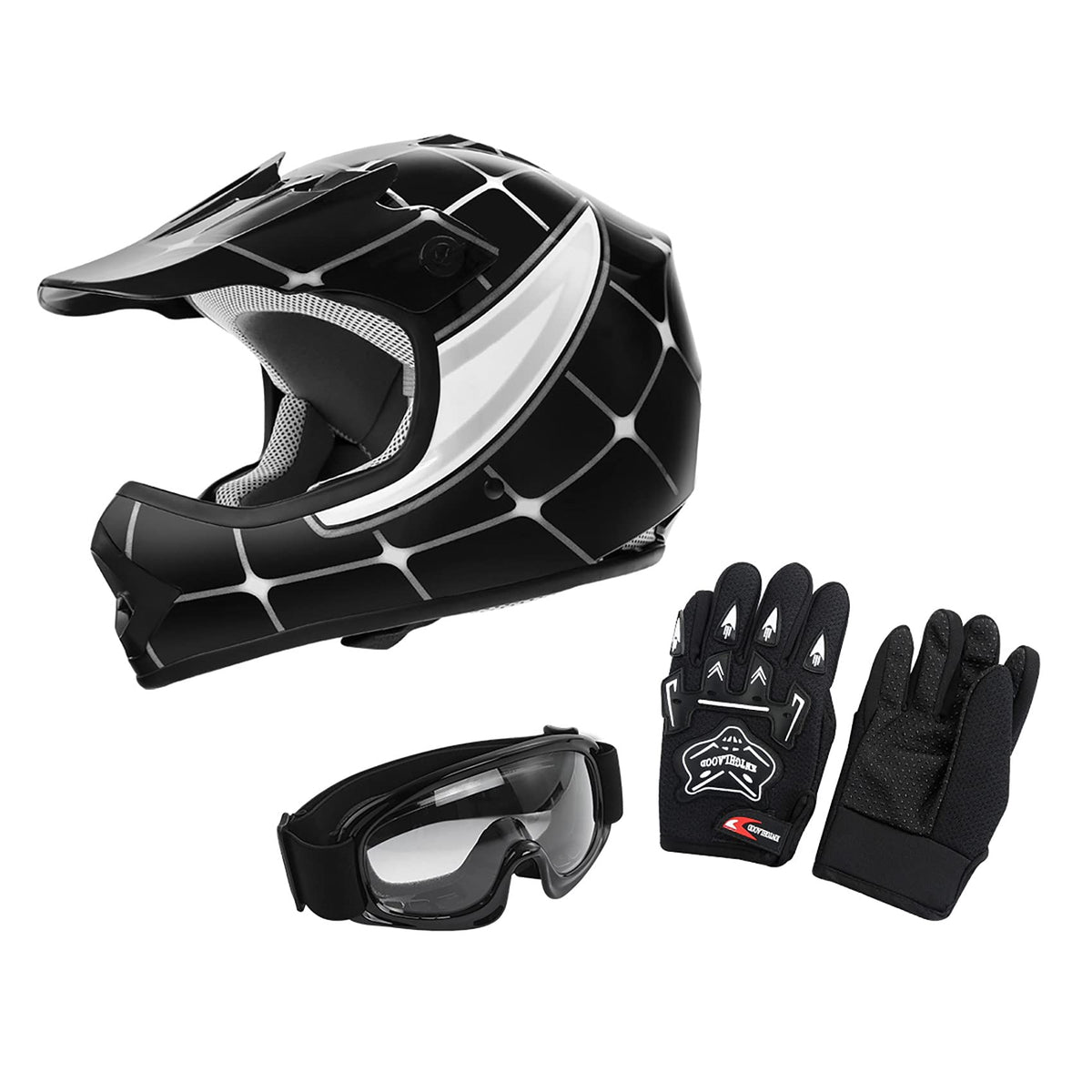 Xfmt Dot Youth Kids Motocross Offroad Street Dirt Bike Helmet Goggles Gloves Atv Mx Helmet  (Black Spiders, Small)