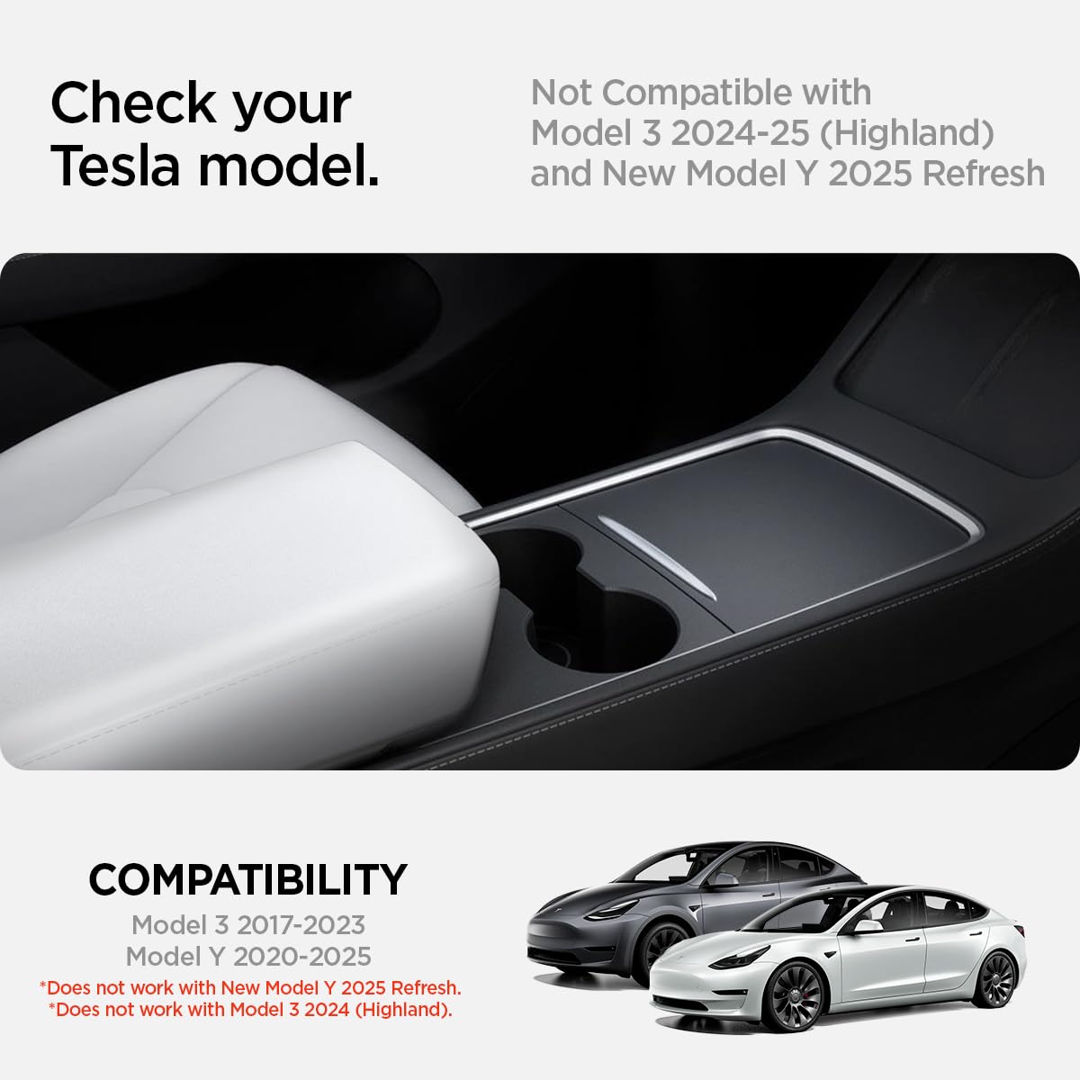 Spigen Center Console Non-Slip Armrest Cover Designed for Tesla Model 3 & Y 2025/2024/2023 with EZ Snap On Install [Not Compatib