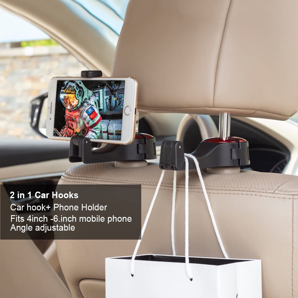 Udikefo Universal Car Vehicle Back Seat Headrest Mobile Phone Holder Hanger Holder Hook For Bag Purse Cloth Grocery (Red - 2 Pac