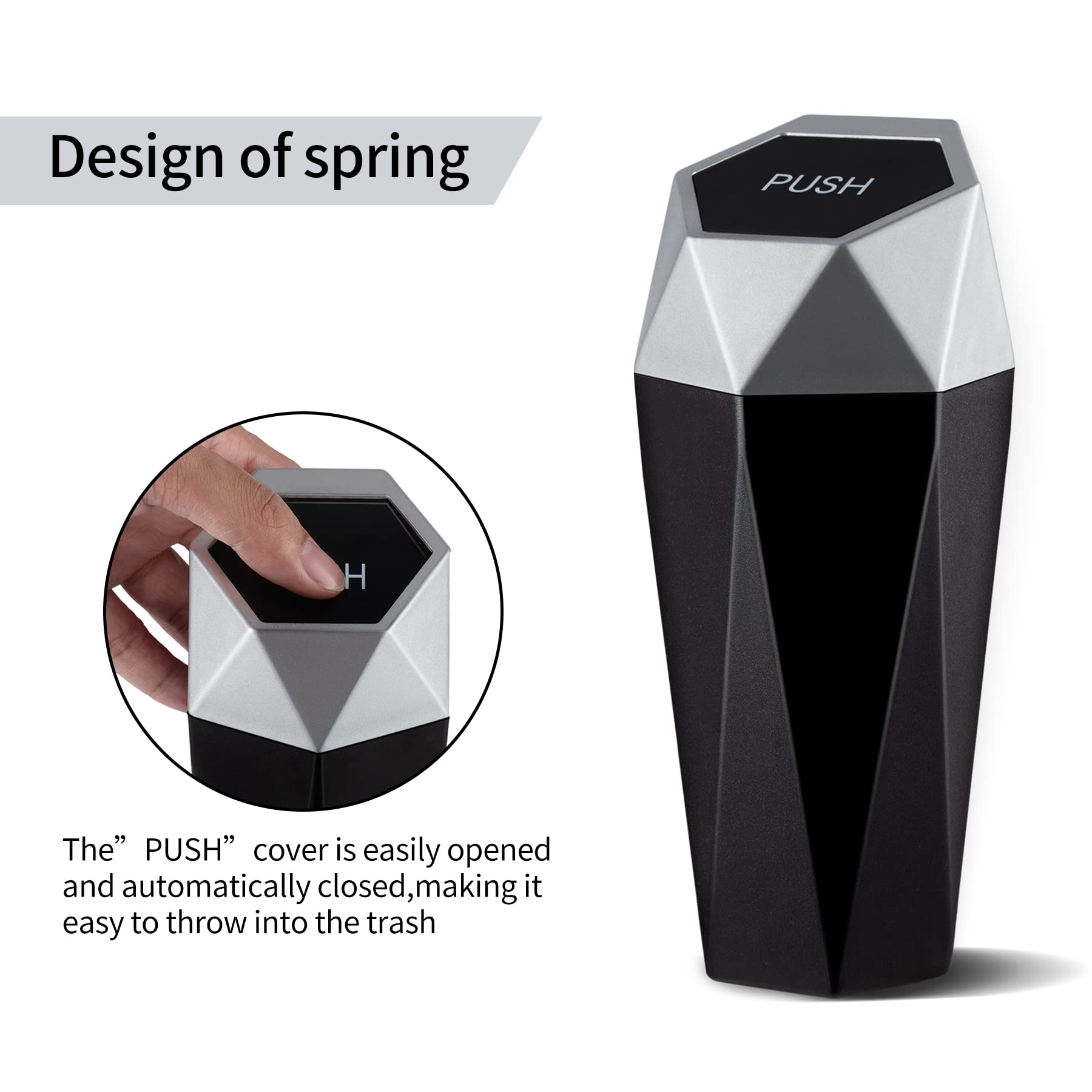 Justtop Car Trash Can With Lid, Diamond Design Small Automatic Portable Trash Can, Easy To Clean, Used In Car Home Office (Silve