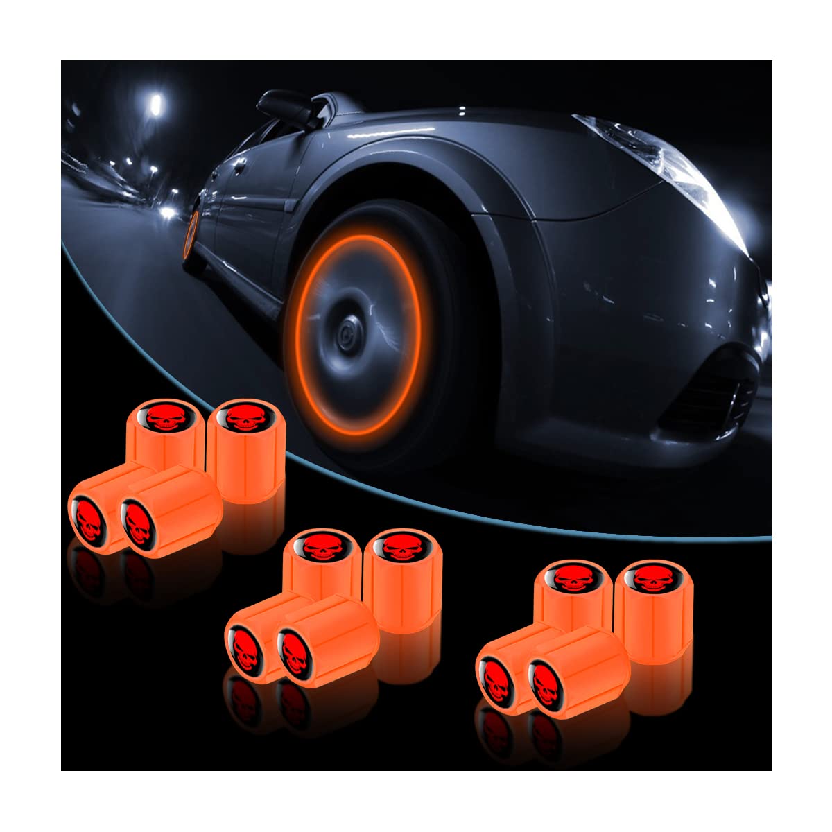 12Pcs Fluorescent Skull Tire Valve Stem Caps, Car Corrosion Resistant Wheel Valve Cover, Luminous Illuminated Skull Glow In The Dark, Auto Decor Accessories For Motorcycles, Suv, Car (Orange)