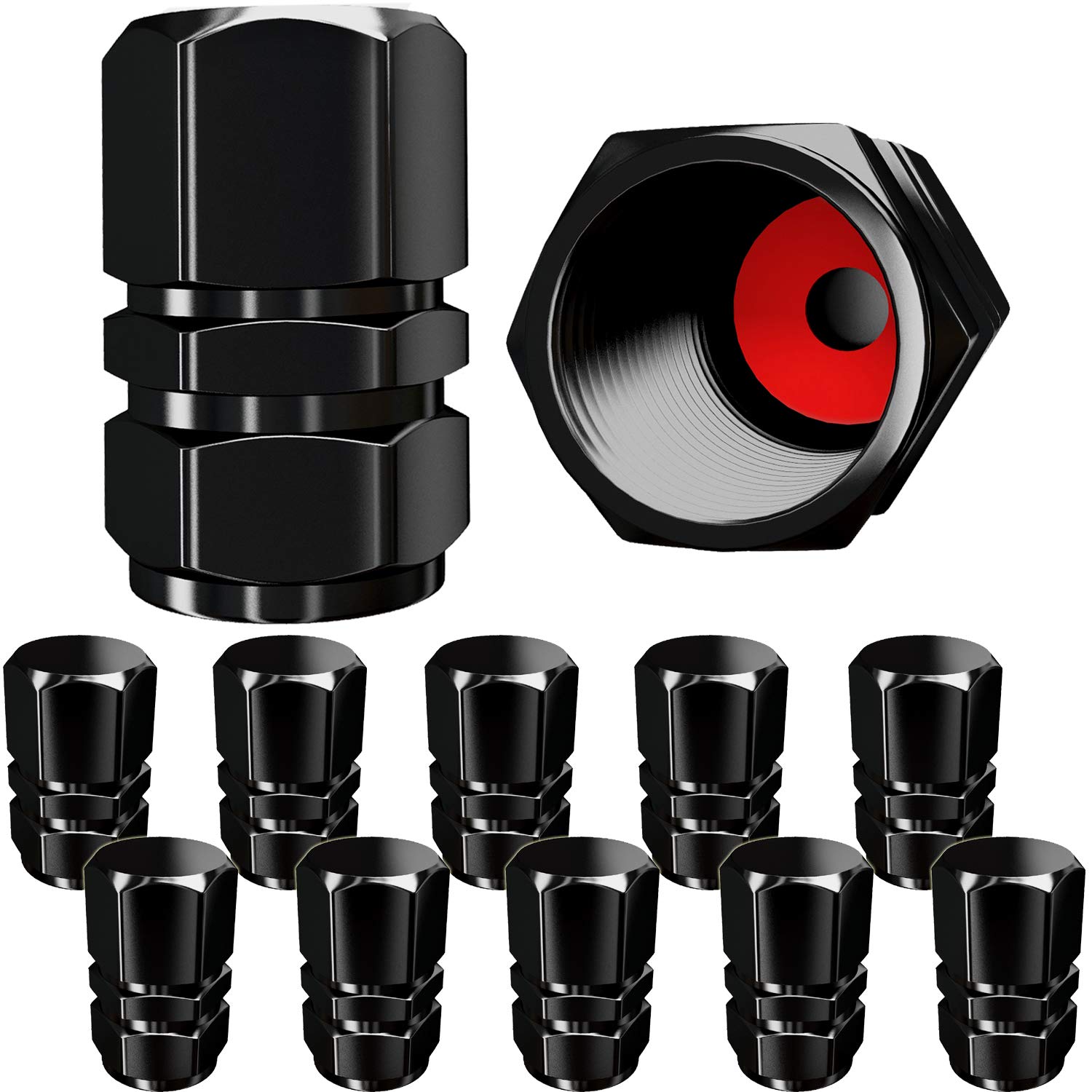 Tire Valve Caps (12 Pack) Heavy-Duty Stem Covers | Dust Proof, With O Rubber Seal | Hexagon Design | Outdoor, All-Weather, Leak-Proof Air Protection | Light-Weight Universal Aluminum Alloy (Black)