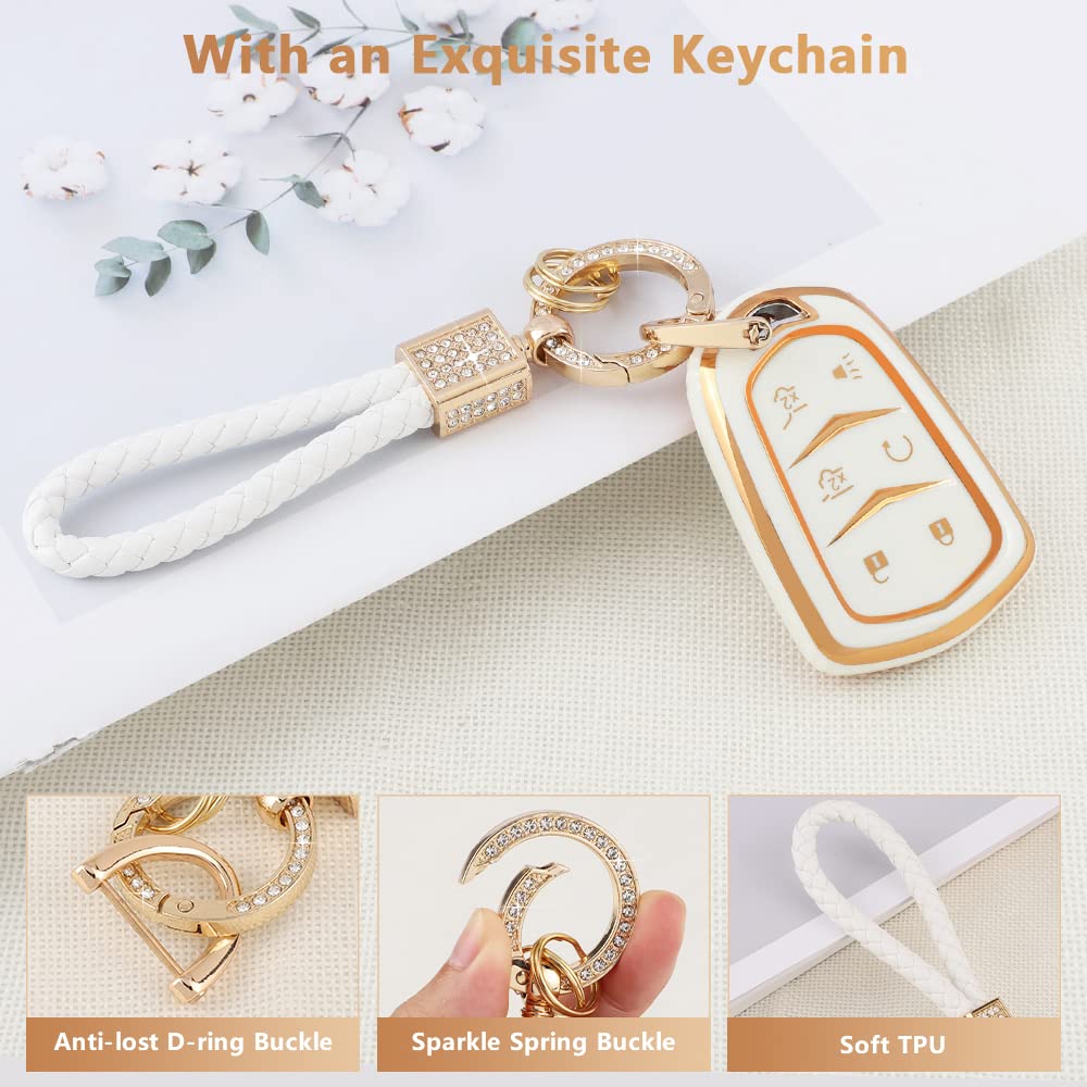 Pifoog Tpu Key Fob Cover For Chevy Equinox Camaro Traverse 5 Buttons Car Key Covers With Keychain Soft Key Shell Case Compatible Malibu Blazer Trailblazer Spark Gold White