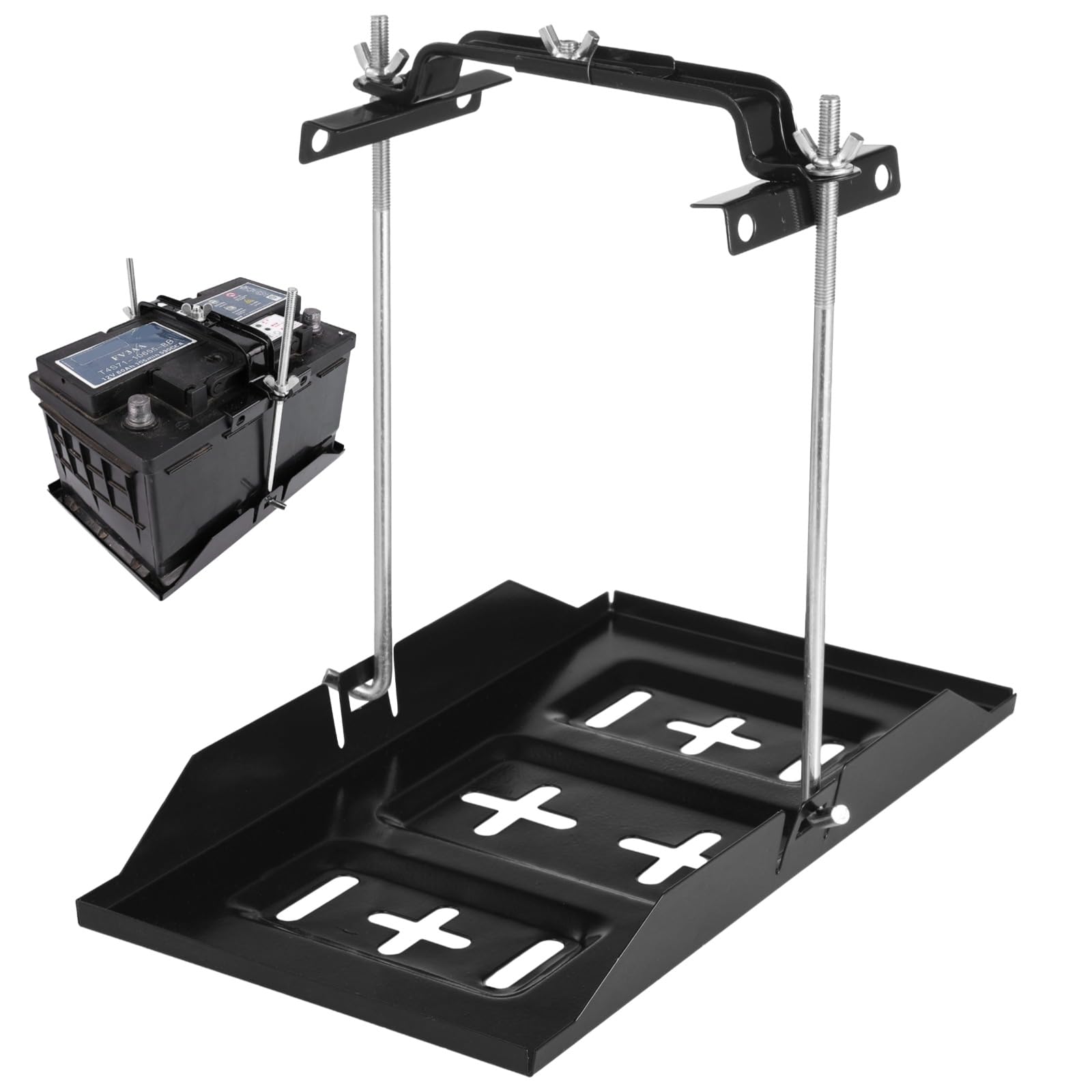 Battery Hold Down Tray Kit, Universal Battery Storage Holder, Metal Battery Tray with Adjustable Bracket Clamp, Rectangular Batt