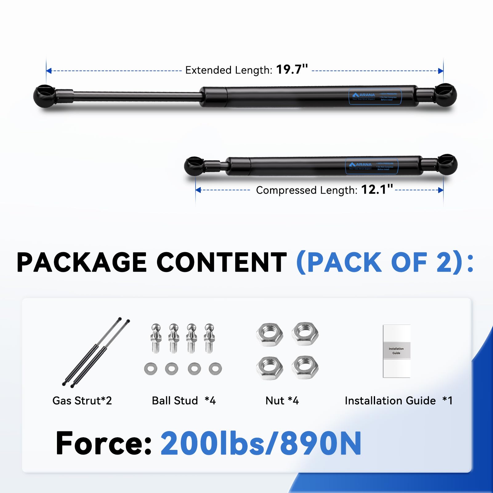 ARANA 20 Gas Prop Struts Shocks - 200 LB Lift Supports for RV Murphy Bed, Truck Trailer, Tonneau Cover, Floor Hatch (170-220 LBS Support)