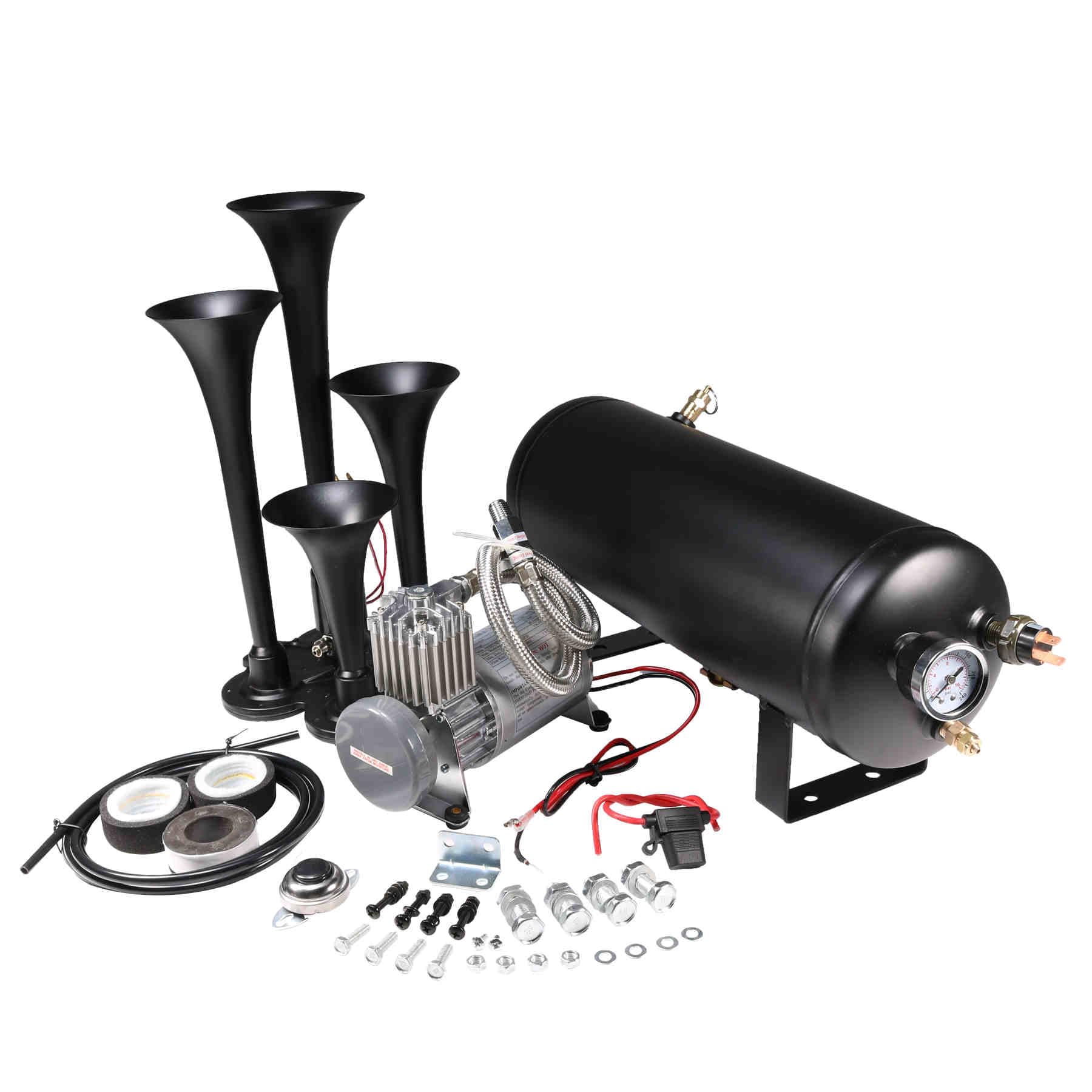 12V 4 Trumpets Train Horn Kit 150psi Complete Onboard System 150psi Air Compressor 1.5 Gallon Air Tank 4 Trumpets Fits Any Vehic