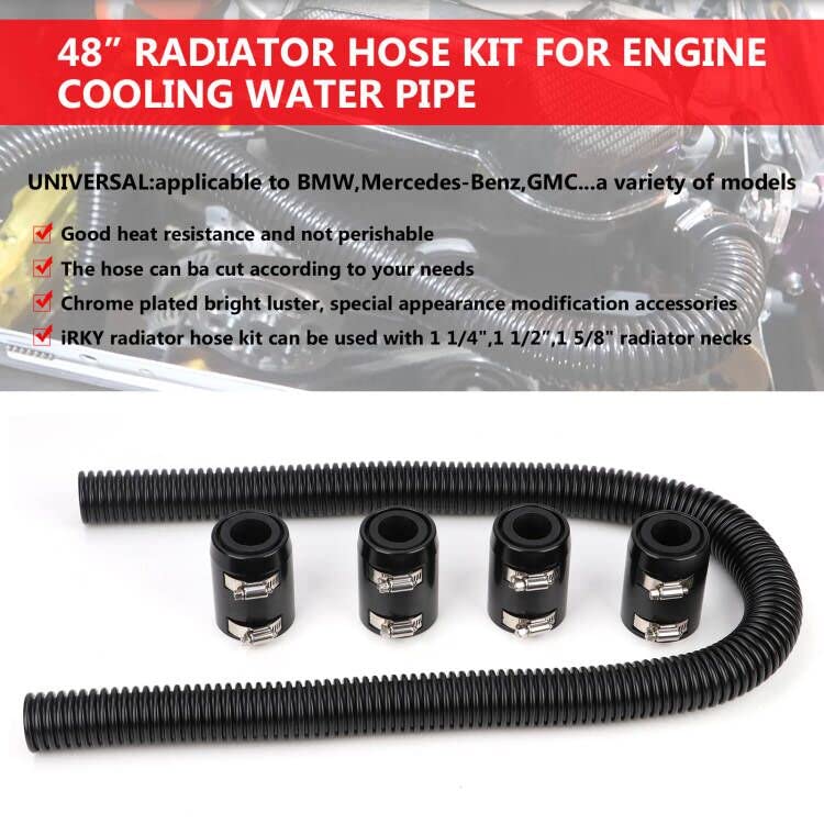 iRKY 48'' Flexible Radiator Hose Stainless Steel Universal Water Hoses Adapter Coolant Radiator Hose Kit With 4Pcs Chrome Caps (