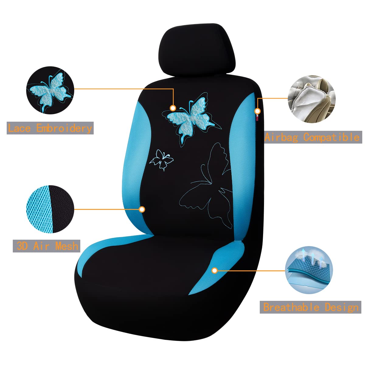 Flying Banner Butterfly Car Seat Covers Ful Set Fashion Universal Lady Woman Female Rear Bench Split Colorized (Mint Blue, Full Set -- Lace)