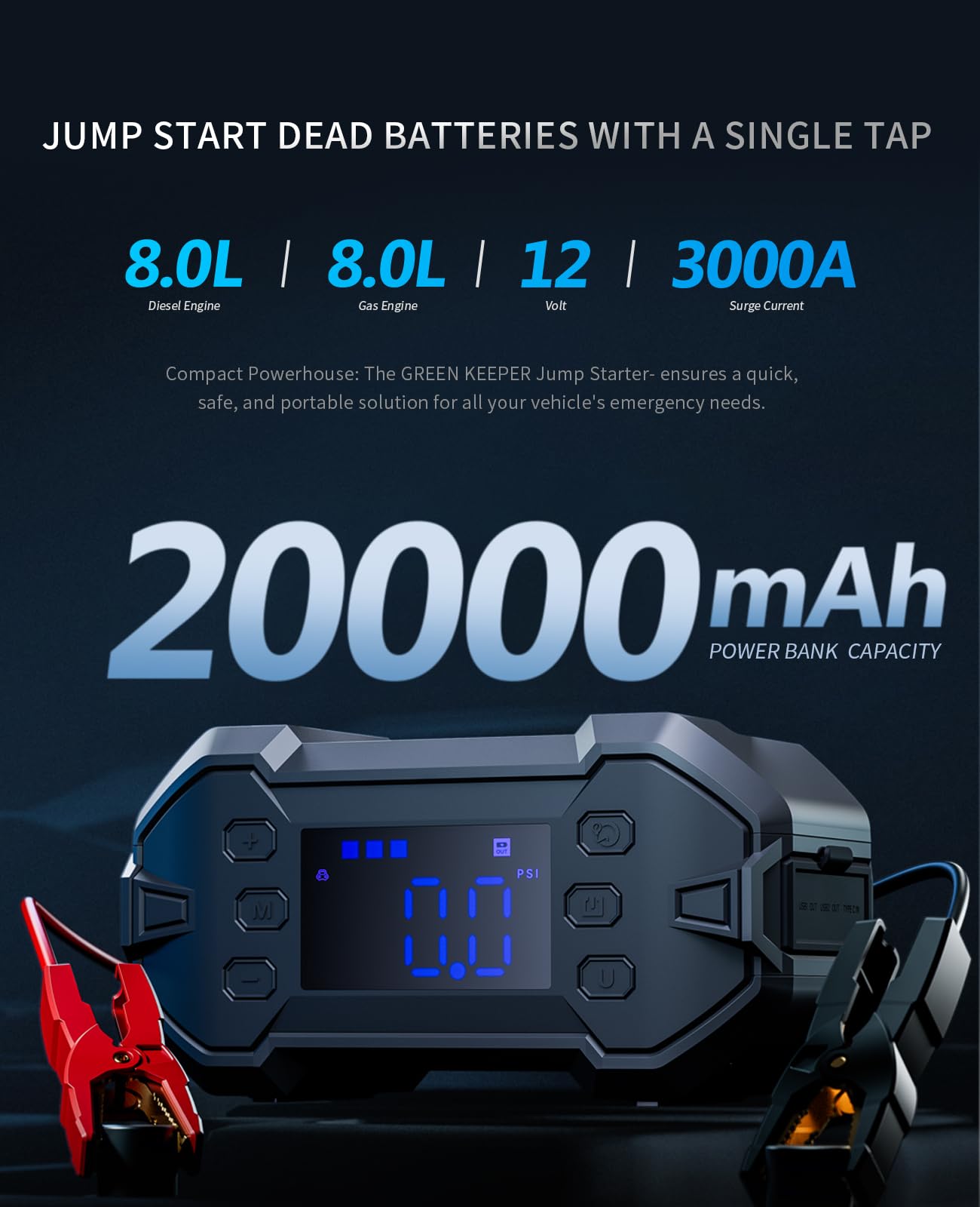 Portable Car Jump Starter 3000A With Air Compressor 12V Battery Jumper Emergency For 8.0L Gas & Diesel Engines Power Booster Sta