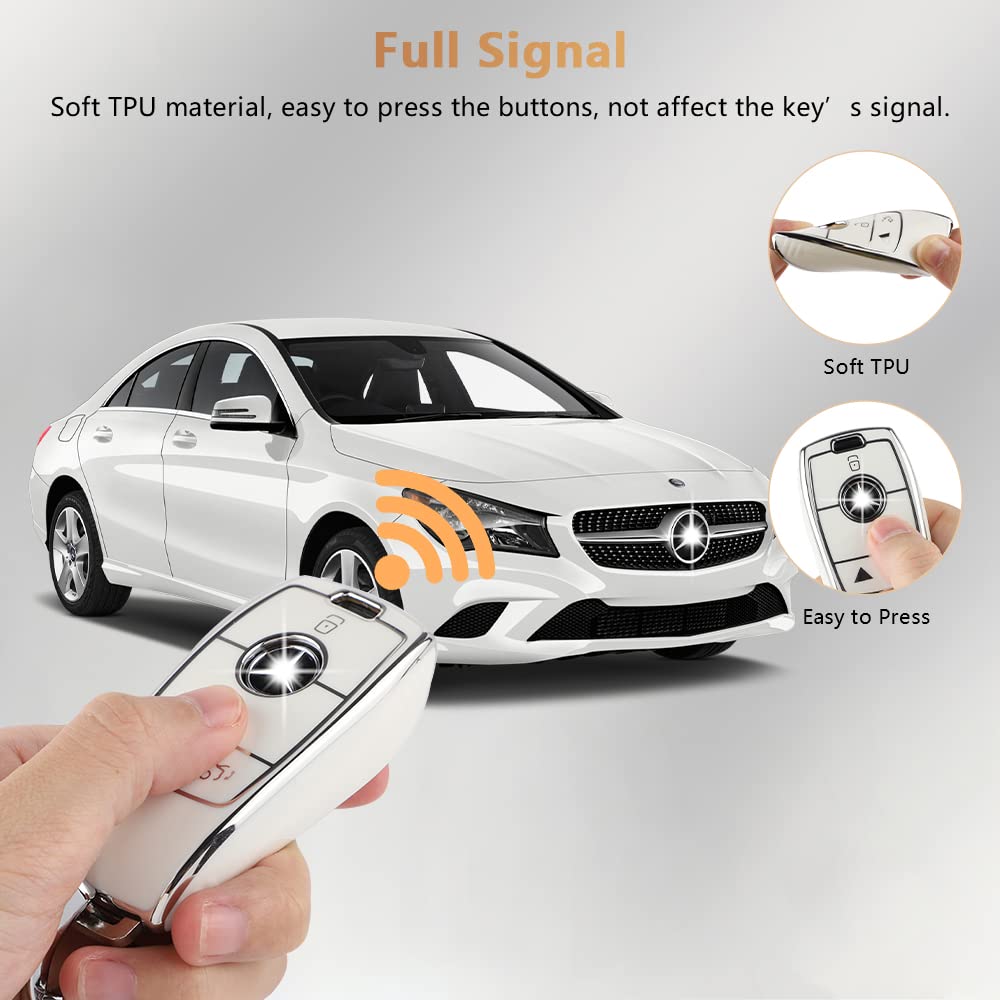 Pifoog White Key Fob Cover For Mercedes Benz Glc Gle Gla Glb Gls A C E G S Amg Class Accessories Soft Tpu Car Smart Keys Case Bling Keychain Full Protection Girly Women