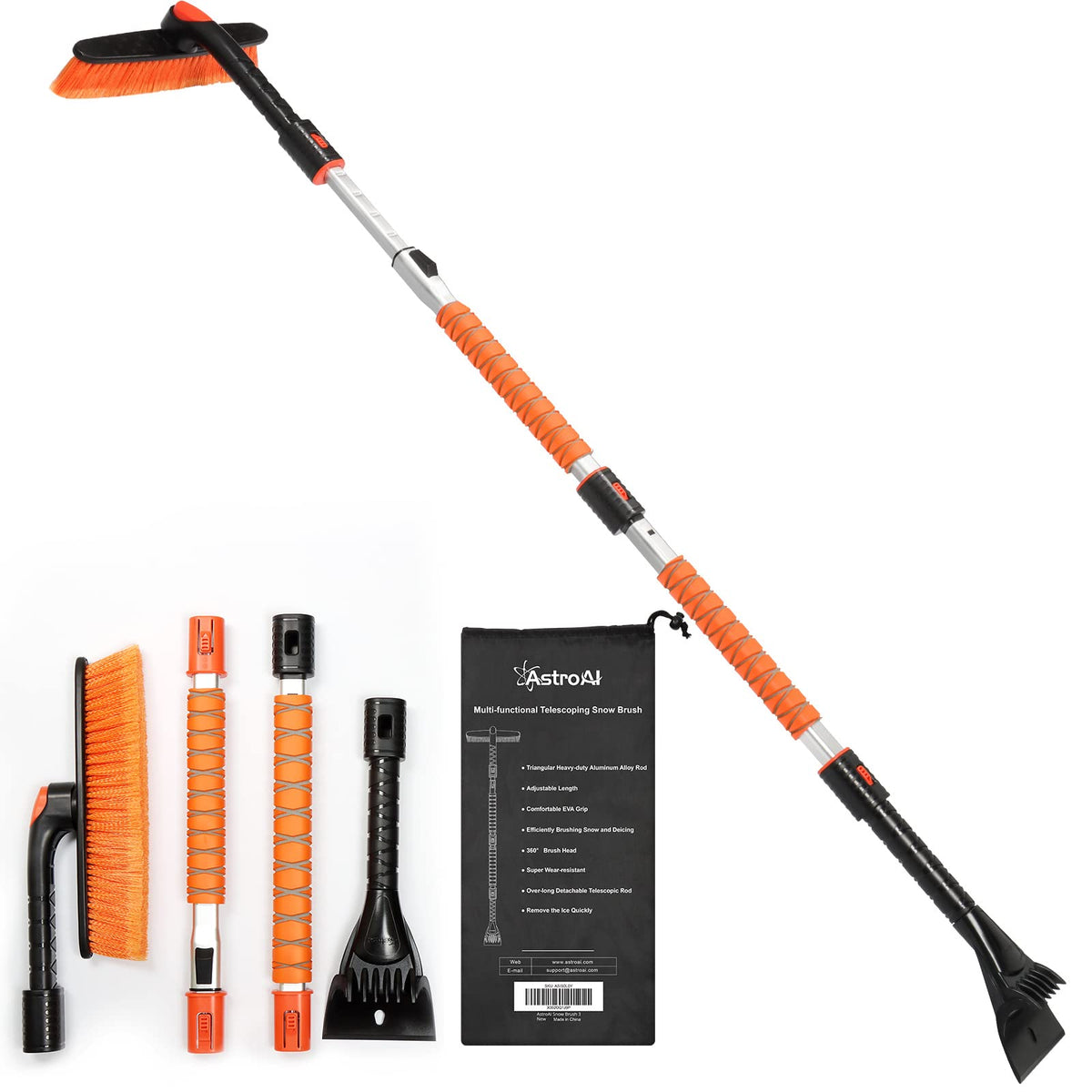 Astroai 62.4'' Ice Scraper And Extendable Snow Brush For Car Windshield With Foam Grip And 360