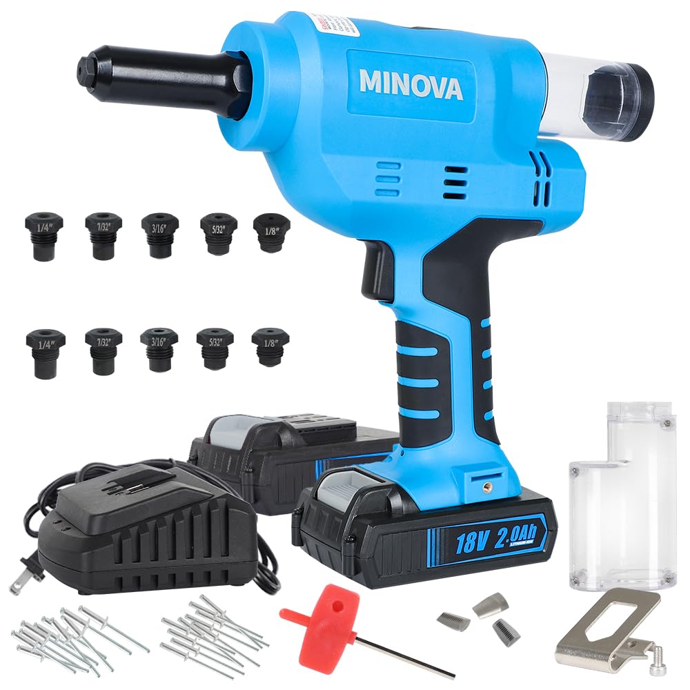 MINOVA 18V Brushless Rivet Gun KD-02X+ Battery Rivet Tool compatible with 1/4''(6.4mm) stainless steel rivets with Battery (2 pc