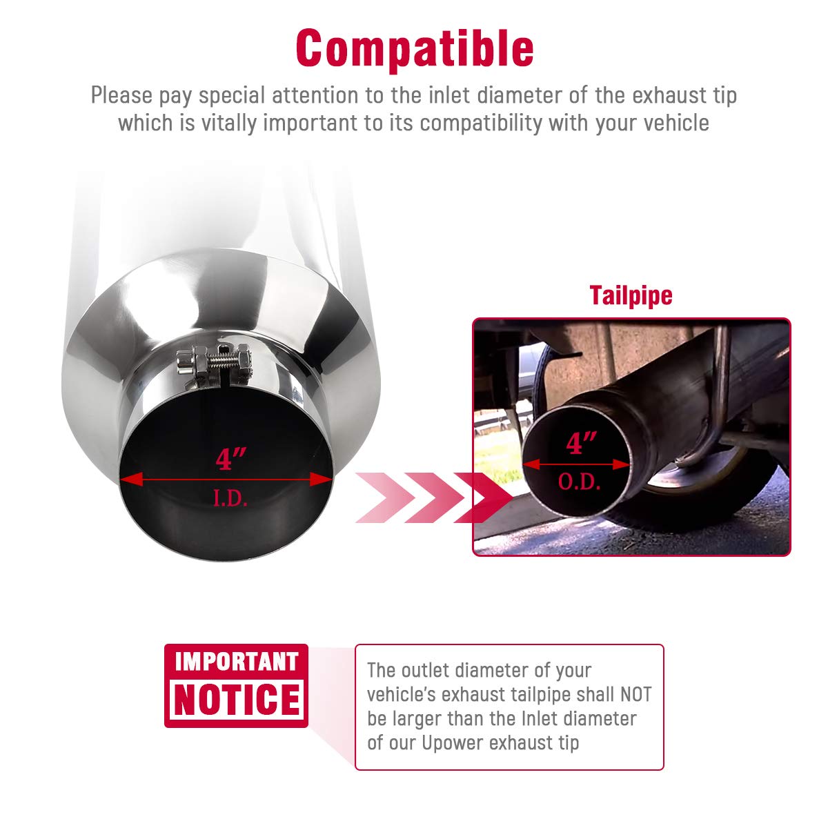 Upower 4 '' To 10 '' Exhaust Tip Mirror Polished 4 Inch Inlet 10 Inch Outlet Exhaust Tailpipe 18 '' Length Bolt-On 45 Degree Ang