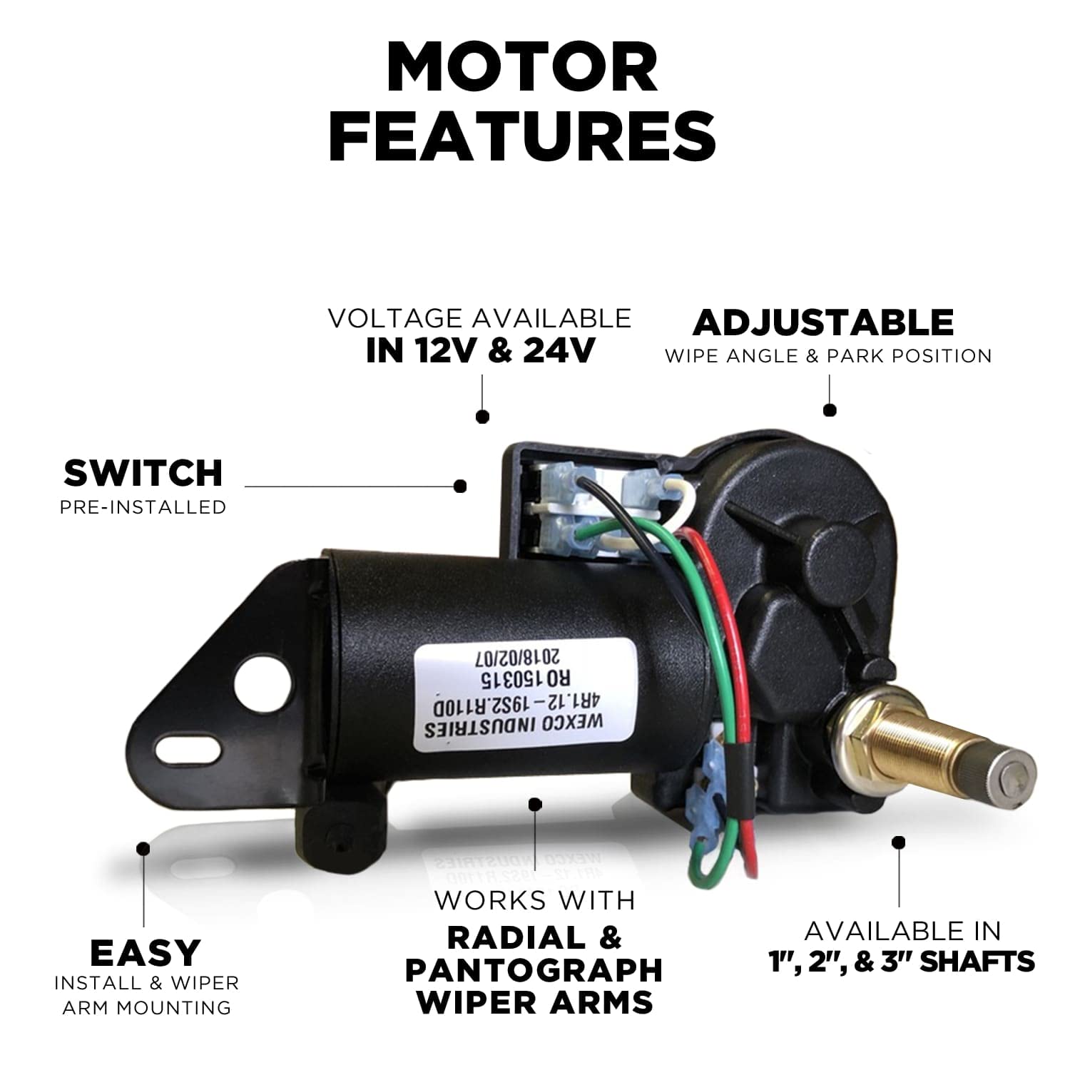 Wexco Wiper Motor, 4R2.12-19S2.R110D, Two And A Half Inch (2.5'') Shaft, 12V With Two-Speed Switch Installed
