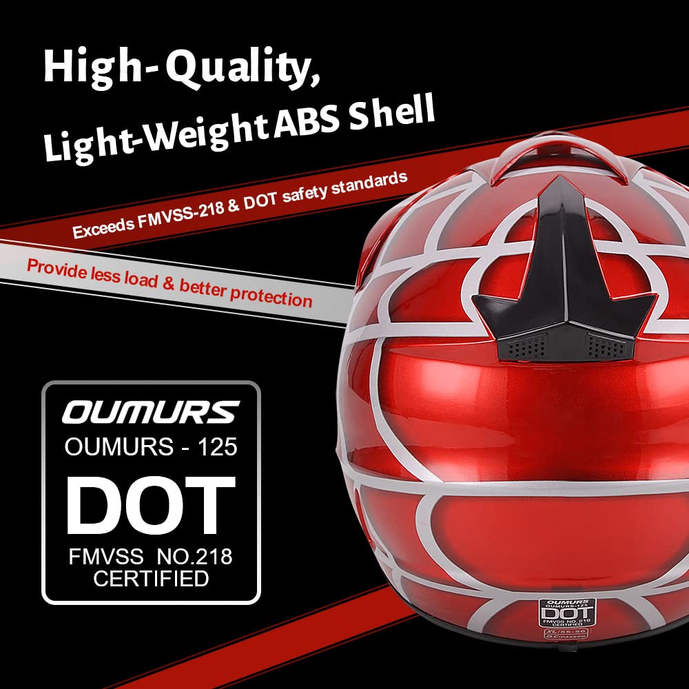 Oumurs DOT Youth Dirt Bike Helmet, Red Cobweb, Small, Plastic, Includes Gloves & Goggles for Boys & Girls 5-14 Ages