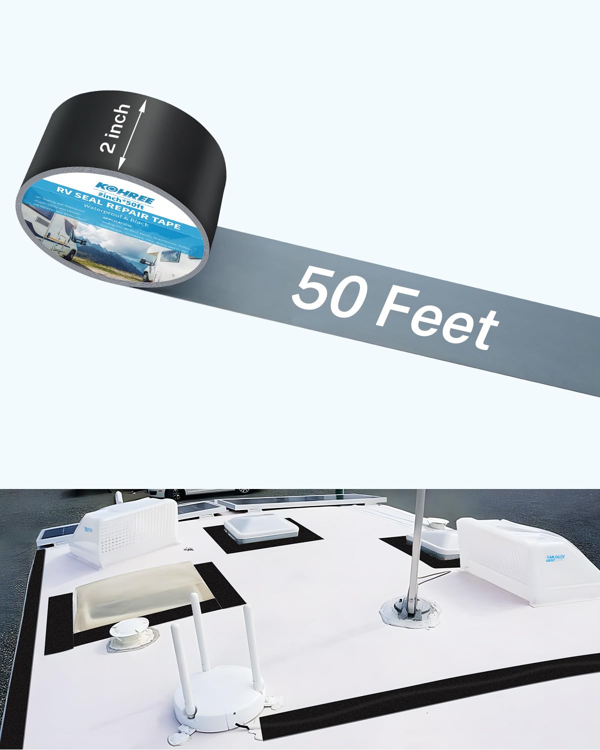 Kohree Rv Sealant Tape, 2 Inch X 50 Foot Rv Roof Tape Black, Uv & Weatherproof Butyl Sealant Roofing Tape For Rv Repair, Window,