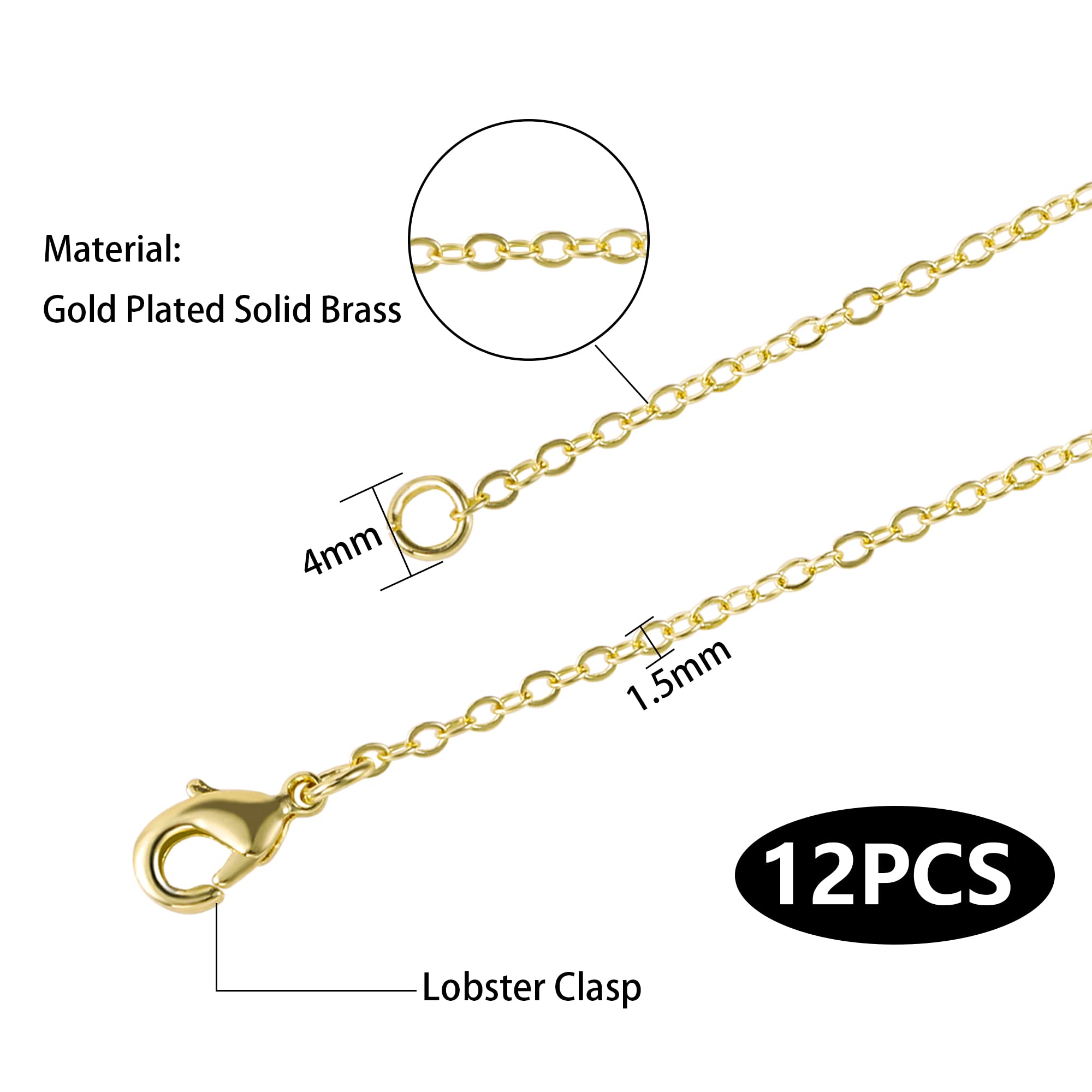 Wholesale 12 Pcs Gold Plated Brass Flat Cable Chain Finished Necklace Chains Bulk For Jewelry Making (18 Inch(15Mm))