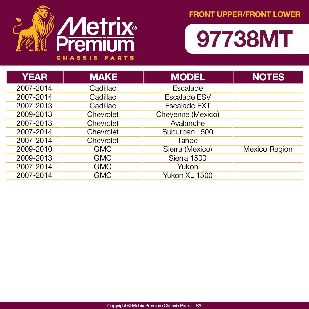 Metrix Premium Chassis Parts - 4 Pc Front L/R Upper Control Arm & Front Lower L/R Ball Joint Kit Fits 07-14 Cadillac Escalade Es