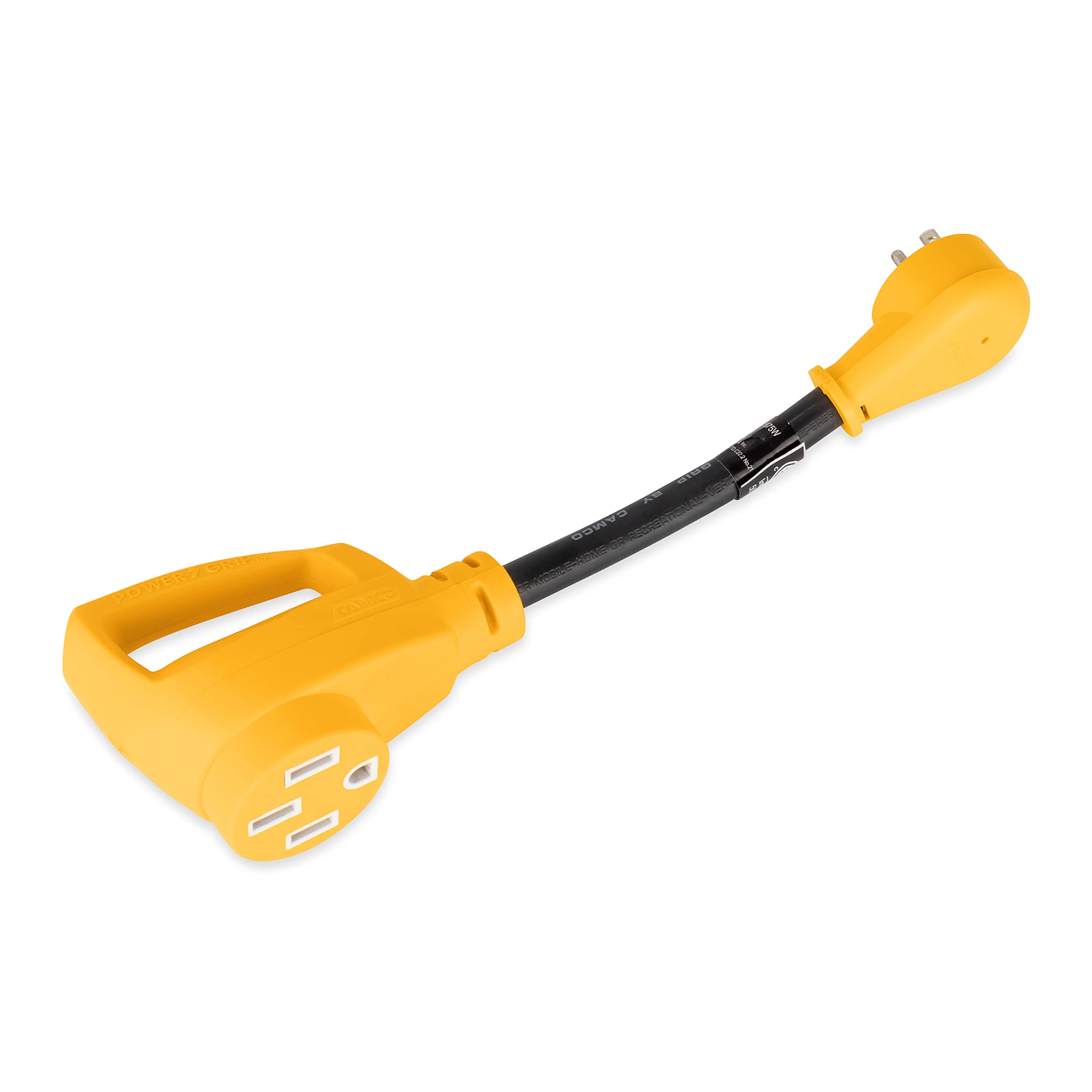 Camco RV Dogbone Electrical Adapter with Innovative 180 Degree Bend Design and PowerGrip Handle - 15 Amp Male to 50 Amp Female,