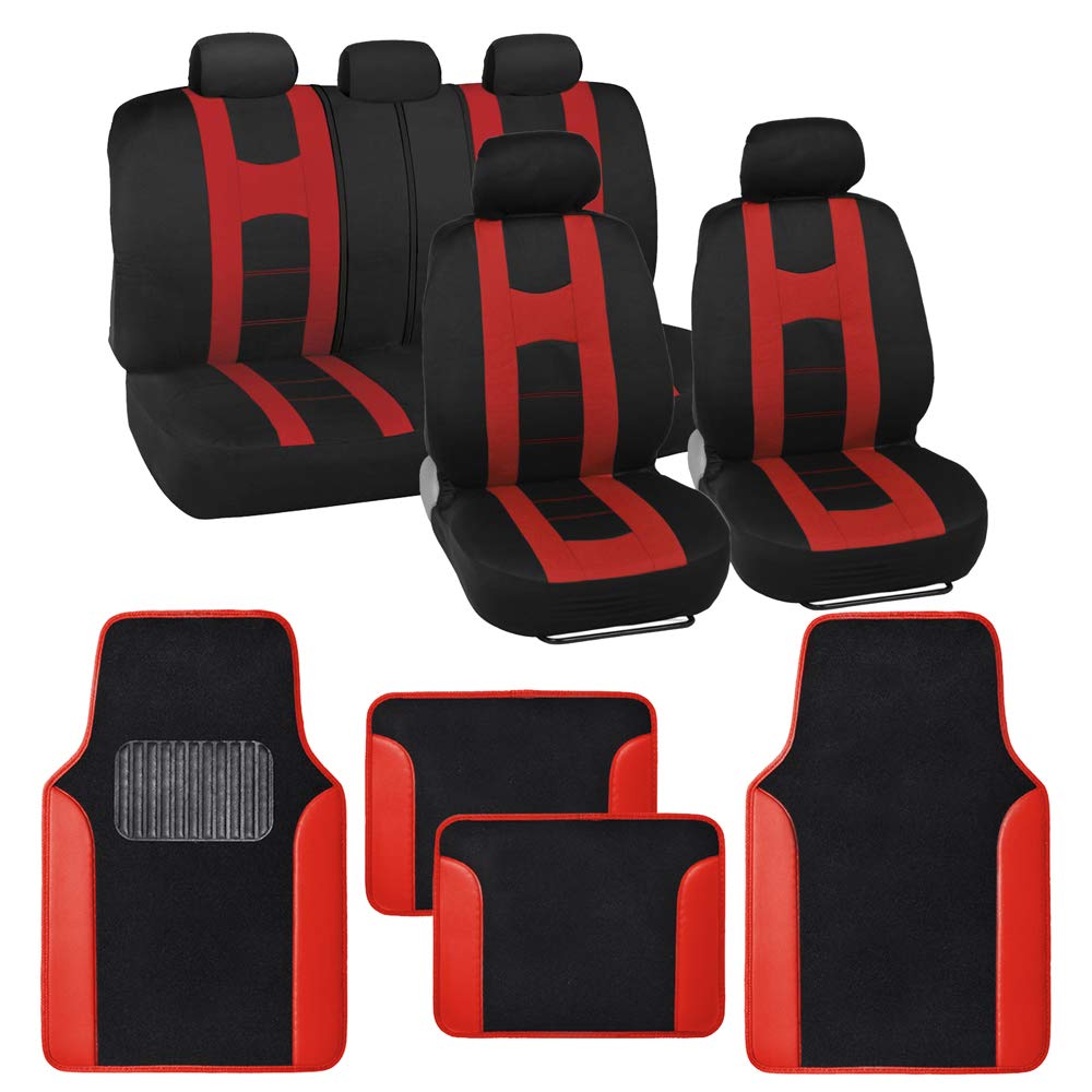 Carxs Forza Series Red Covers Full Set Combo With Car Floor Mats - Front And Rear Bench Seat & Floor Protector , Interior Covers