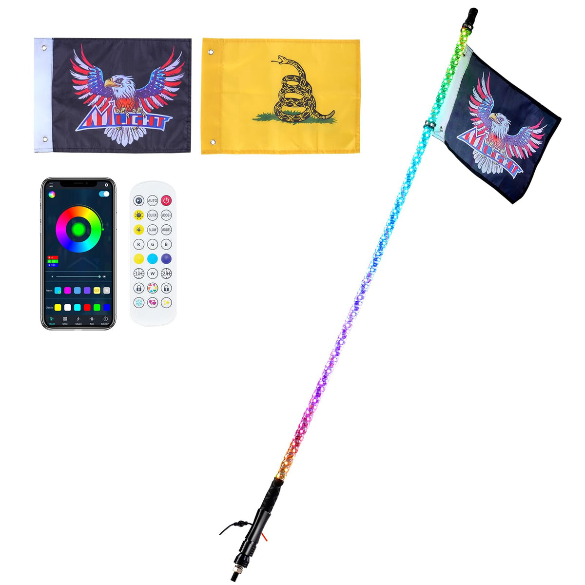 1 PC 4 FT Whip Light, APP & RF Remote Control Led Whip Light, Waterproof 360 Spiral RGB Chasing Lighted Whips with 2 Flags, for 
