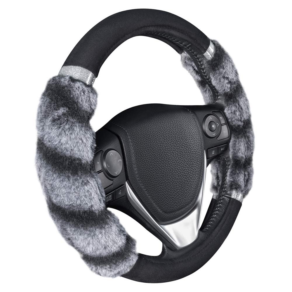 Bdk Bear Fur Plush Steering Wheel Cover - Cute Faux Wool Protector For Women Girls Fits Wheels 14.5-15 Inch Two Tone Black/Gray 