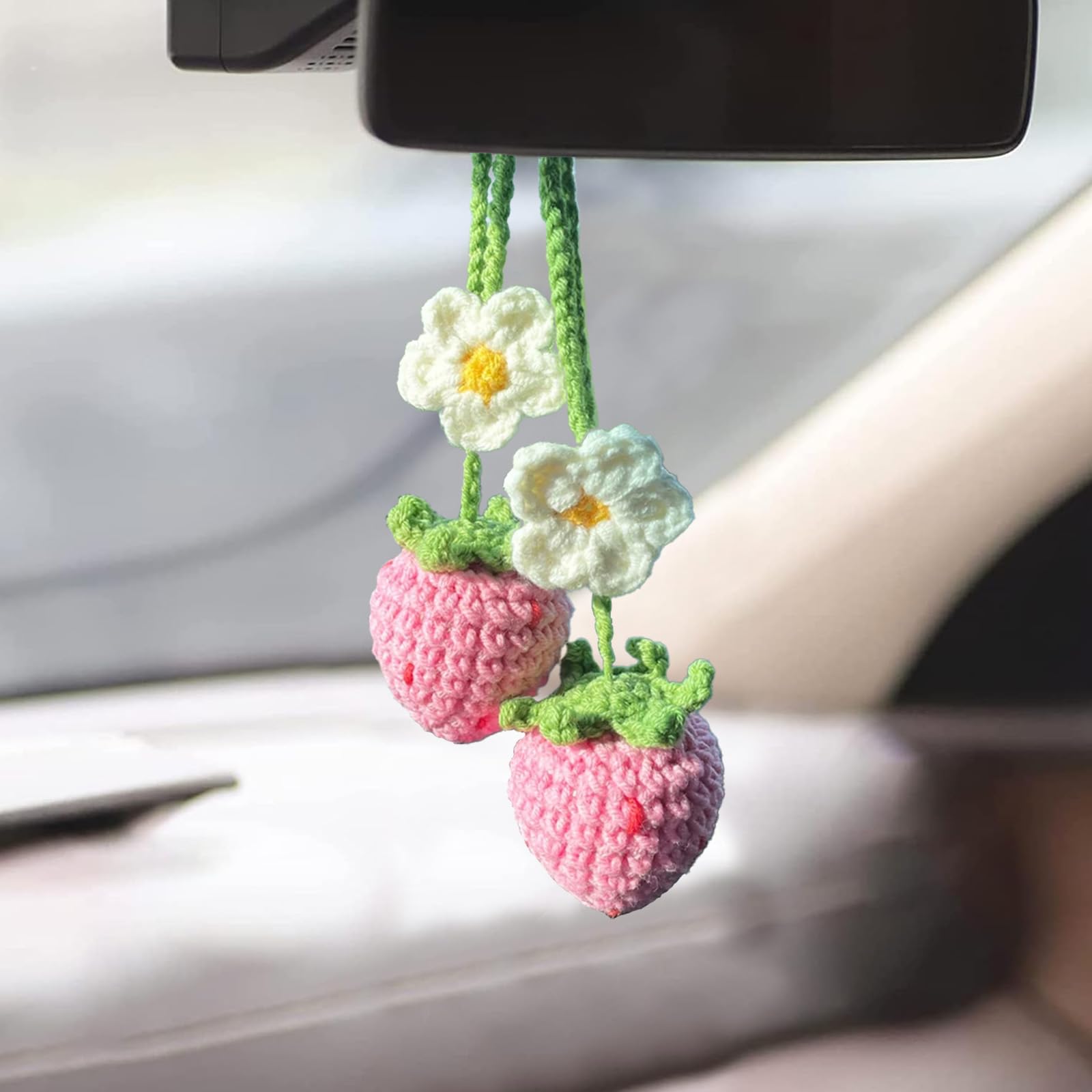 2-Pack Crochet Strawberry and Flower Car Hanging Decor, Cute Rear View Mirror Accessories,Boho Hand-Made Car Interior Aesthetic 
