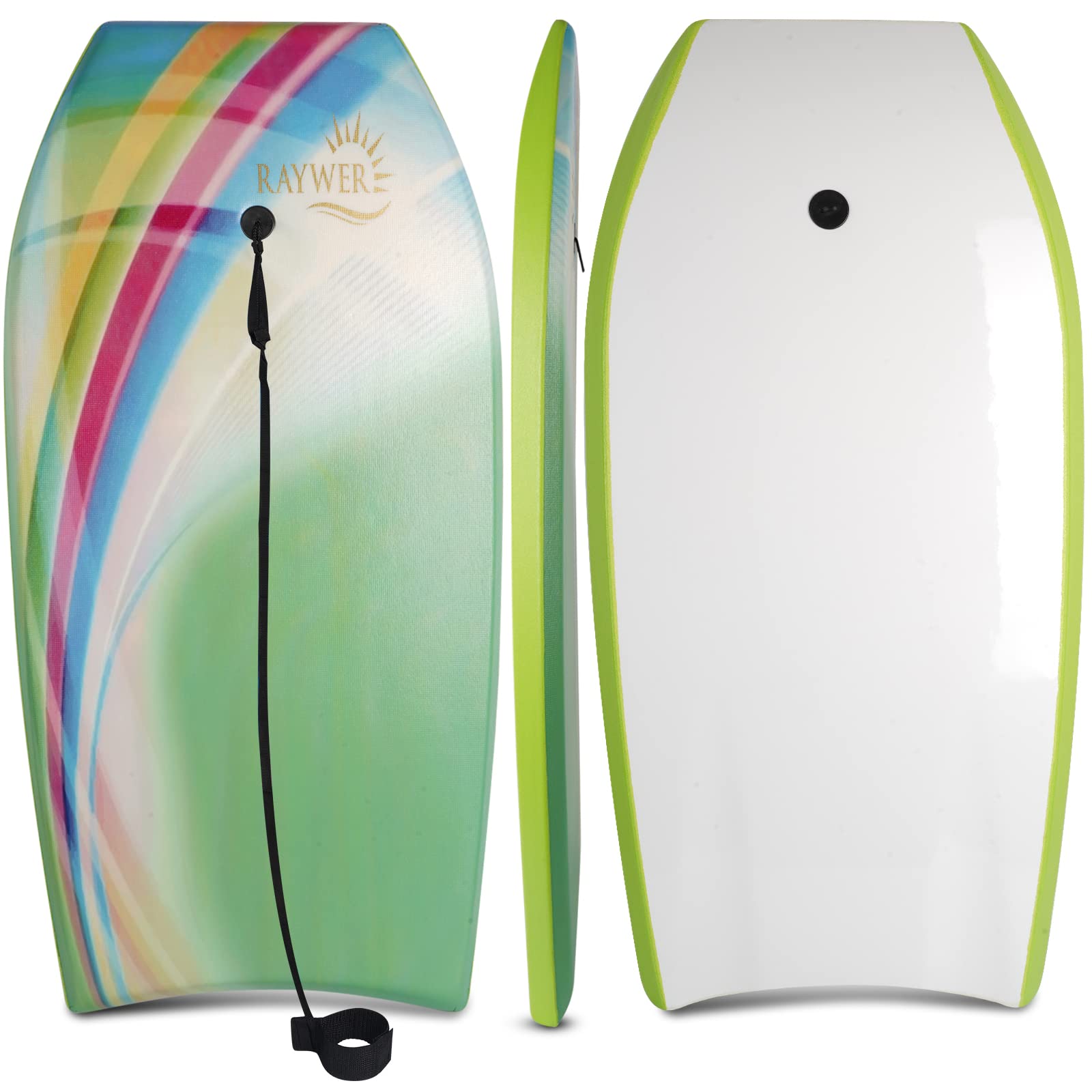 RAYWER Body Board Lightweight with EPS Core, HDPE Slick Bottom , Leash & Adjustable Wrist Rope, Great Surfing for Kids and Adult