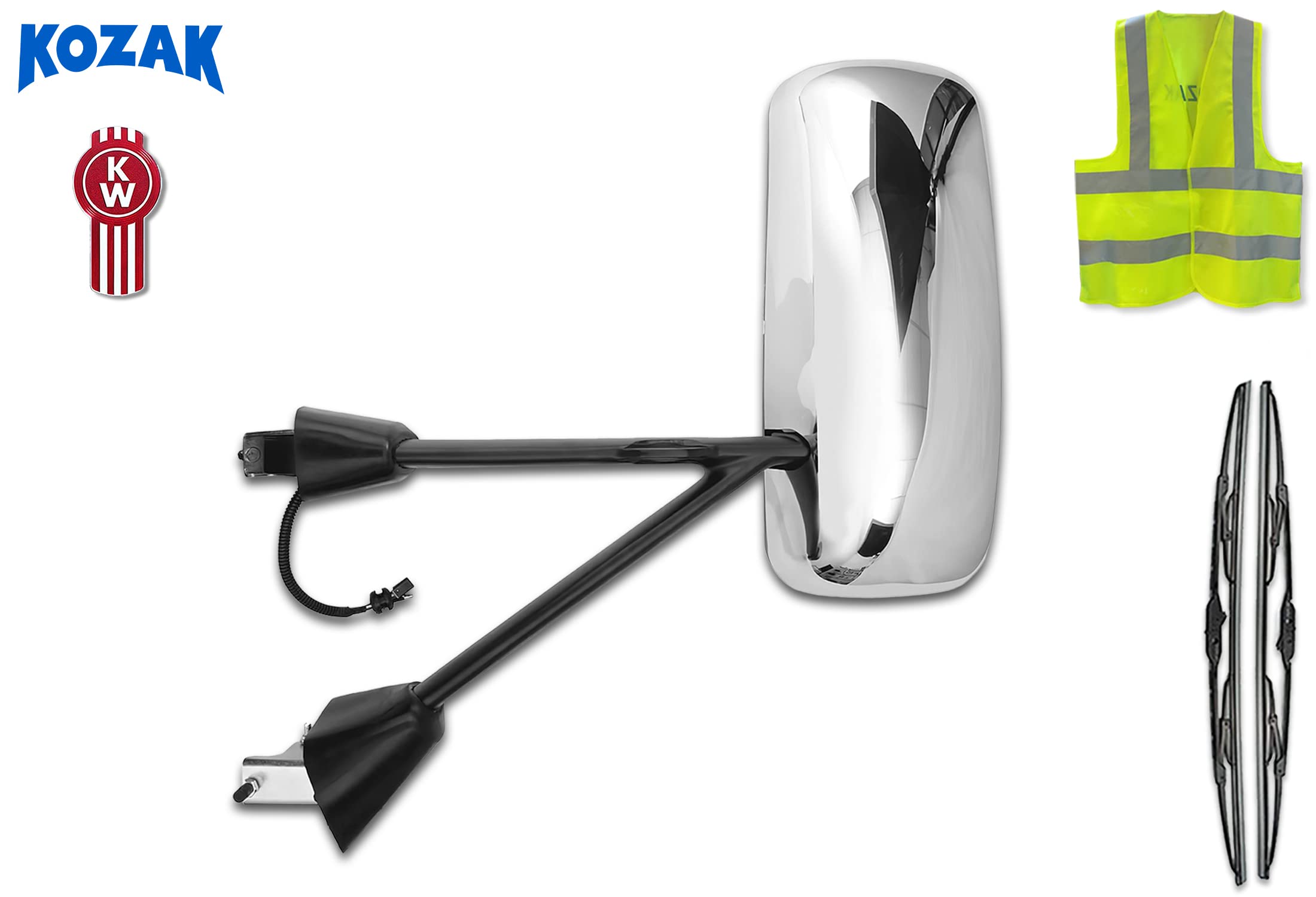 Kozak Chrome Door Mirror With Arms Left (Driver Side) Compatible With Kenworth T660 T600 T800 2008-2016 Plus Kenworth Logo, 2X22' Windshield Wipers And Kozak Reflective Vest