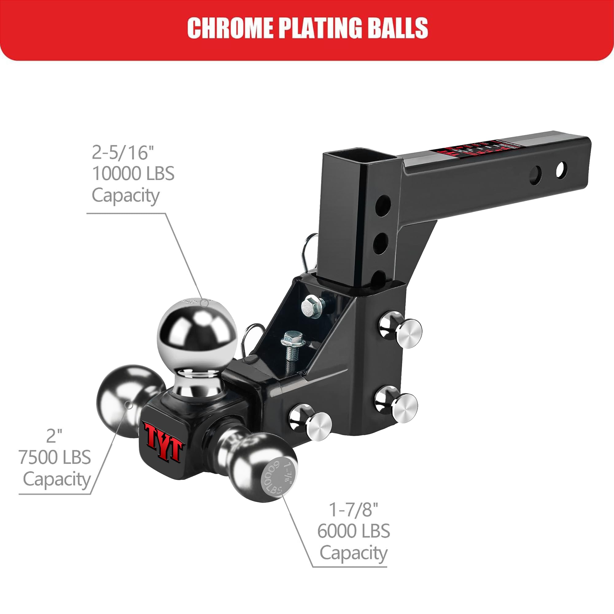 TYT Tri-Ball Adjustable Trailer Hitch Ball Mount, 1-7/8, 2, 2-5/16, 2 Receiver, 5 Rise/Drop,