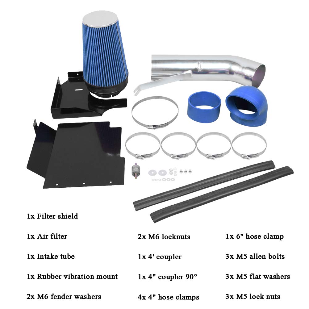 Moosun 4 Inch Cold Air Intake Silver Tube + Heat Shield For 1999-2006 Gmc/Chevy V8 4.8L/5.3L/6.0L Silverado 1500/2500/3500 Blue