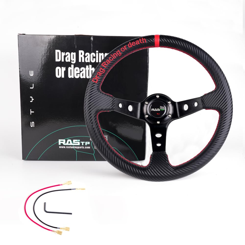 RASTP Deep Dish Steering Wheel,PU Carbon Fiber Racing Steering Wheel,345mm 6 bolt Steering Wheel(Universal)