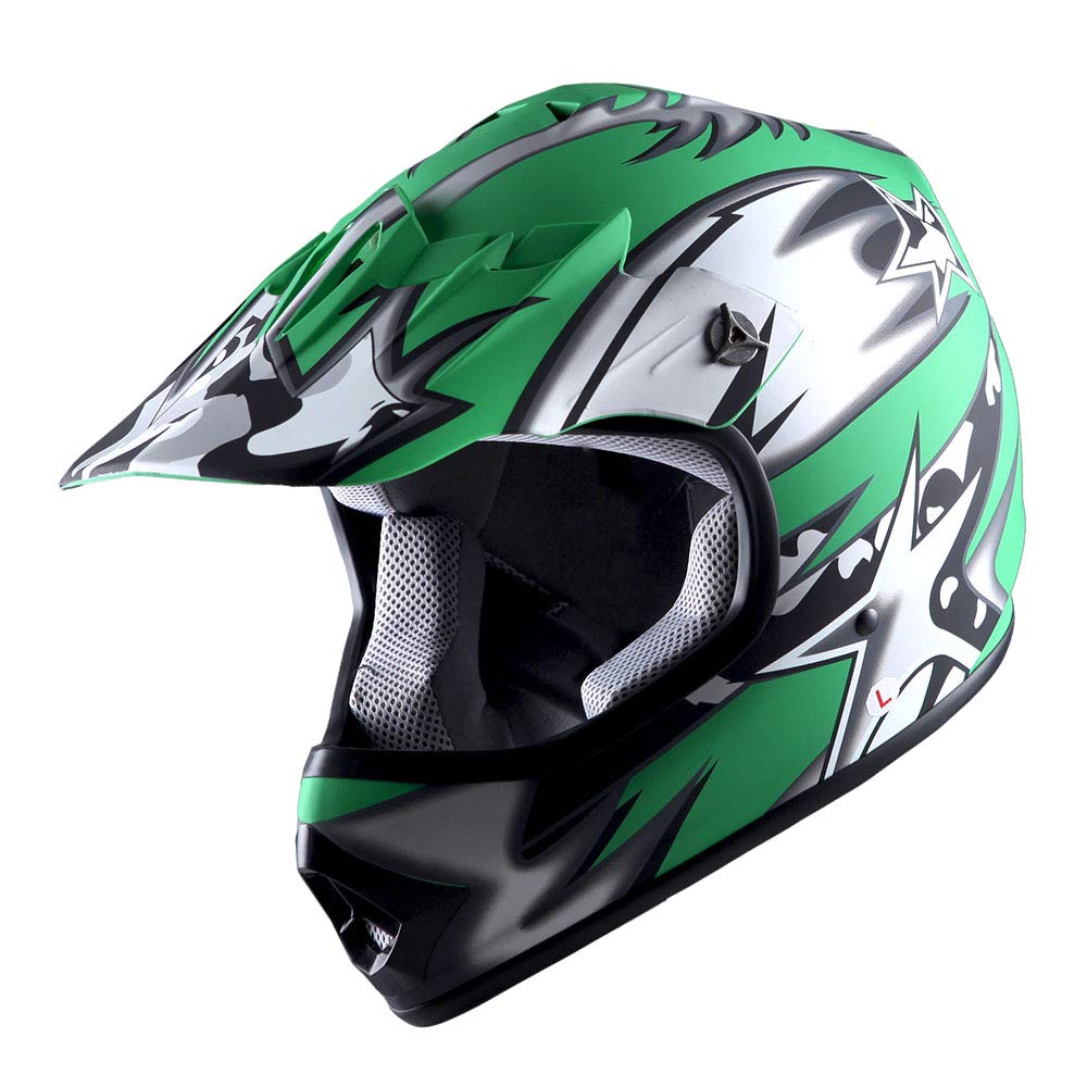 1Storm Youth Motocross Helmet BMX MX ATV Dirt Bike Helmet Matt Star Green + Goggles + MG Youth Green Glove Bundle